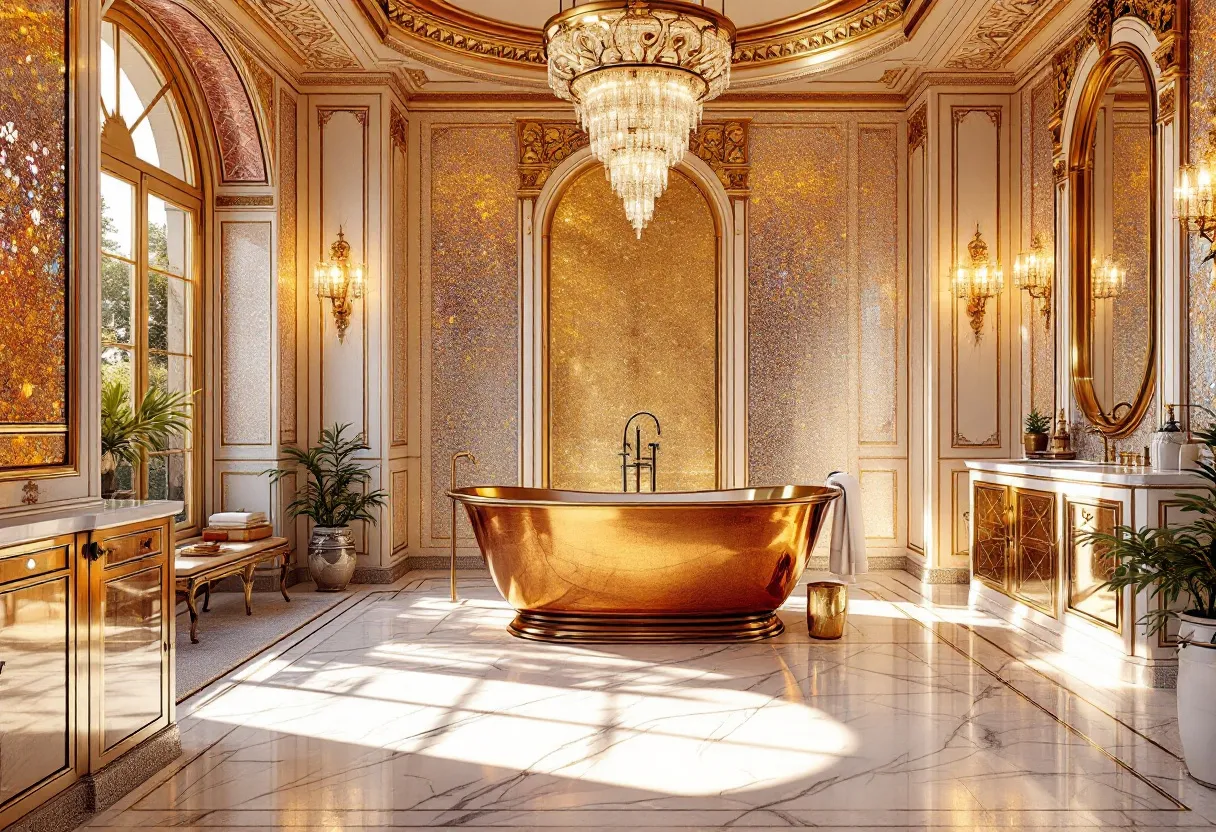 This luxury bathroom exudes opulence and grandeur with its exquisite design elements and rich materials. At the center, a stunning golden bathtub commands attention, its metallic sheen reflecting the ambient lighting. The surrounding walls are adorned with intricate paneling and decorative moldings, echoing a timeless and elegant aesthetic. A grand chandelier hangs from the ceiling, casting a warm and inviting glow throughout the space, complemented by additional wall sconces that enhance the room's sophisticated ambiance. Tall windows allow natural light to flood in, adding to the brightness and airiness of the room.

The bathroom features a lavish marble floor with subtle veining, contributing to the luxurious atmosphere. Elegant fixtures and fittings further accentuate the space's high-end appeal, while lush green plants add a touch of nature and freshness. Every detail, from the carefully chosen palette of golds and marbles to the classical architectural touches, combines to create a truly magnificent and serene retreat.