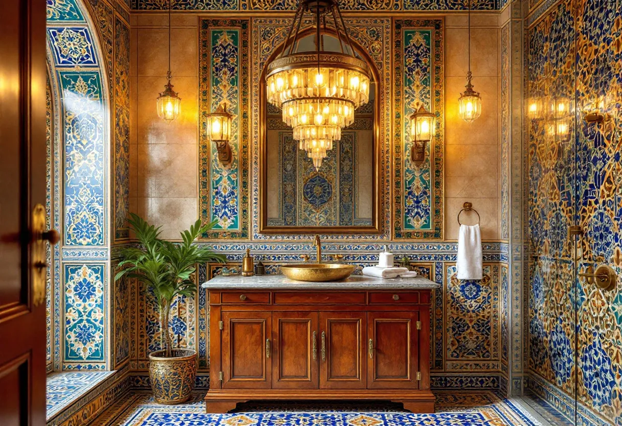 This luxury bathroom is an exquisite display of opulence and design sophistication, featuring intricate tile work that covers the walls and floor. The tiles are adorned with elaborate patterns of blue, gold, and cream, reminiscent of traditional Moroccan or Middle Eastern artistry. The rich design details create an atmosphere of elegance and cultural depth, enveloping the space in warmth and intricate beauty. A large, arched mirror framed in dark wood complements the decorative theme, echoing the opulent details found throughout the room.

The centerpiece of this bathroom is an impressive chandelier that hangs from the ceiling, casting a warm glow throughout the space. Its cascading light fixtures add a touch of vintage glamour, illuminating the polished wood vanity below. The vanity itself, crafted from dark wood with ornate brass fixtures, houses a striking gold basin, further accentuating the luxurious ambiance. Flanking the mirror are wall-mounted lanterns that provide additional illumination and charm, while a potted plant adds a touch of nature, contributing to the serene and lavish environment.