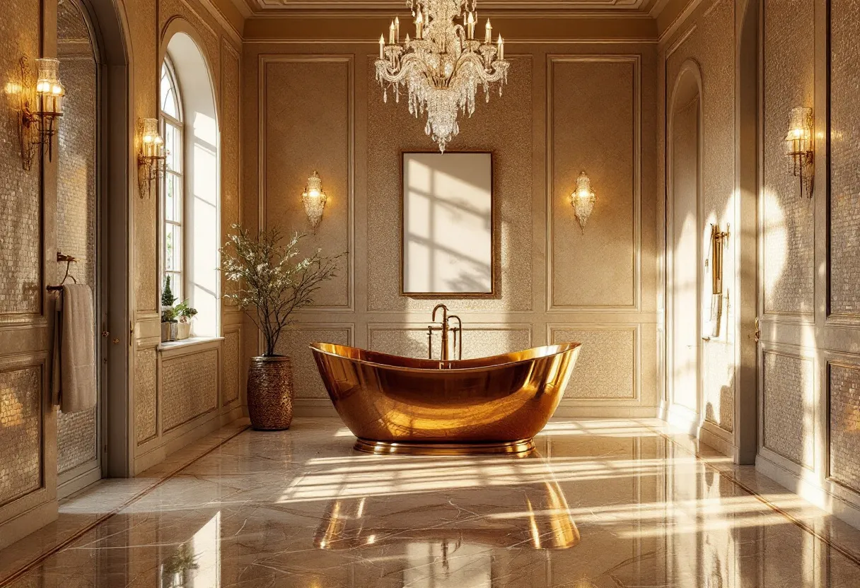 This luxury bathroom exudes elegance and opulence, centered around a stunning gold freestanding bathtub. The golden hue of the tub reflects the ambient lighting, creating a warm and inviting atmosphere. The room is adorned with intricately paneled walls, each section subtly shimmering, which adds to the sense of grandeur. Soft, muted lighting from the wall sconces enhances the luxurious feel.

A magnificent crystal chandelier hangs overhead, casting a soft glow throughout the space. On the floor, gleaming marble tiles connect the elements of the room with their reflective sheen. The large arched windows allow natural light to spill in, highlighting a large, elegant vase filled with greenery. Overall, the bathroom’s design seamlessly blends classic and contemporary elements, creating an ambiance of timeless luxury.