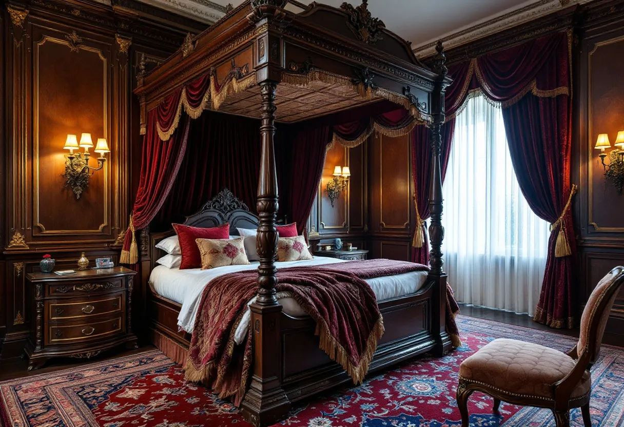 This luxury bedroom exudes an air of opulence and traditional elegance, dominated by a grand canopy bed. The bed is adorned with rich, dark wood carvings, and its posts support an intricately detailed canopy that sets a regal tone for the space. Luxurious drapery in deep burgundy hangs gracefully from the canopy, complemented by matching throws and pillows that add layers of warmth and sophistication to the decor.

The walls of the room are finished with elegant wood paneling, outlined with gold accents that mirror the intricate patterns on the rich Persian-style rug. Wall sconces with ornate detailing illuminate the room, casting a warm, inviting glow that highlights the plush textures and deep, jewel-toned color palette. The windows are dressed with heavy, velvet curtains, adding to the sense of grandeur and seclusion. This bedroom, with its harmonious blend of rich materials and classic design, creates a serene yet sumptuous retreat.