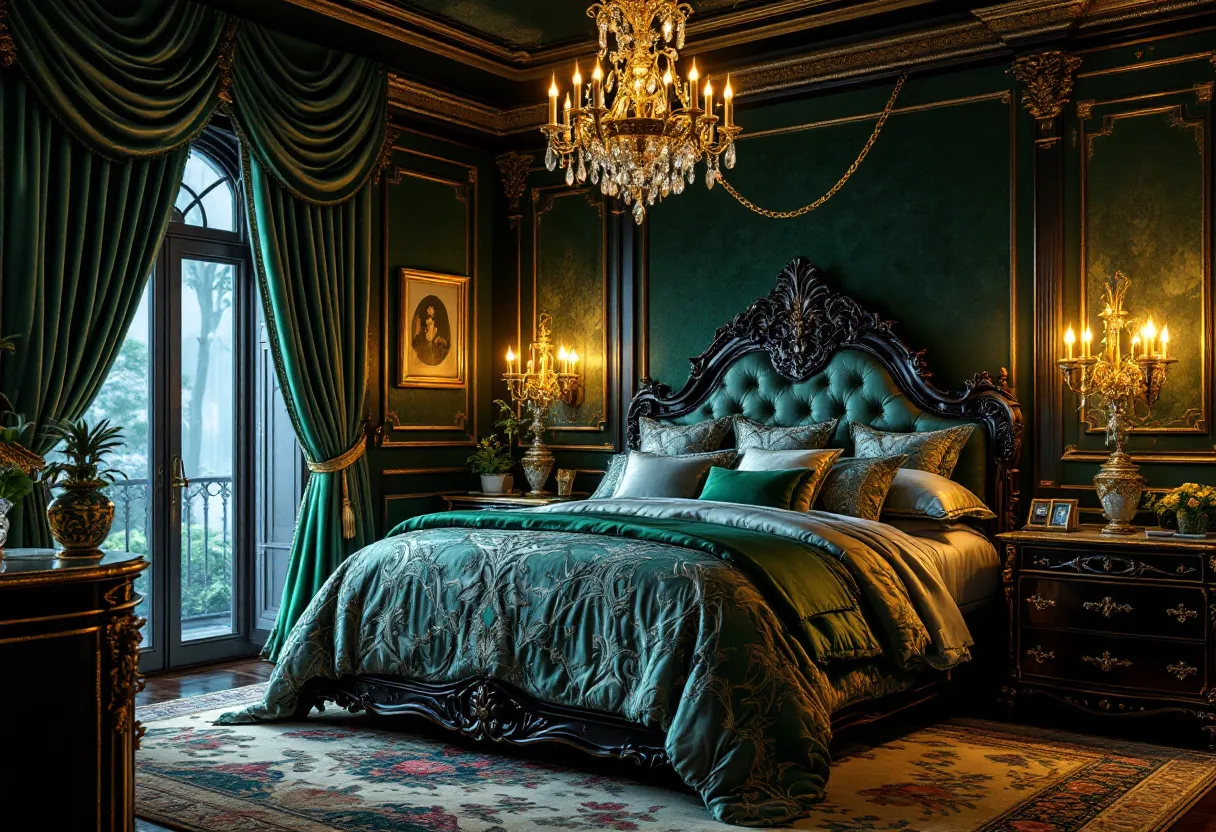 This luxury bedroom exudes elegance and opulence with its rich, dark green color palette and exquisite detailing. The centerpiece is the large plush bed, adorned with an intricately designed, tufted headboard. The bedding is lavish, featuring an array of cushions in complementary tones that add depth and texture. Above, a grand chandelier adds a touch of glamour, casting a warm and inviting glow throughout the room. The dark wood of the bedframe and side tables enhances the luxurious ambiance, while hints of gold in the fixtures and trim provide a sophisticated contrast.

The room's aesthetic is further elevated by sumptuous drapery, which frames tall windows that likely offer a scenic view. The heavy, flowing curtains contribute to the room's grand atmosphere, accentuating the room's height and adding an element of drama. Ornate wall moldings and classic artwork add to the sophisticated decor, completing the room's refined look. The careful selection of luxurious materials and classic design elements come together to create a space that is both timeless and indulgent, perfect for a restful and luxurious retreat.