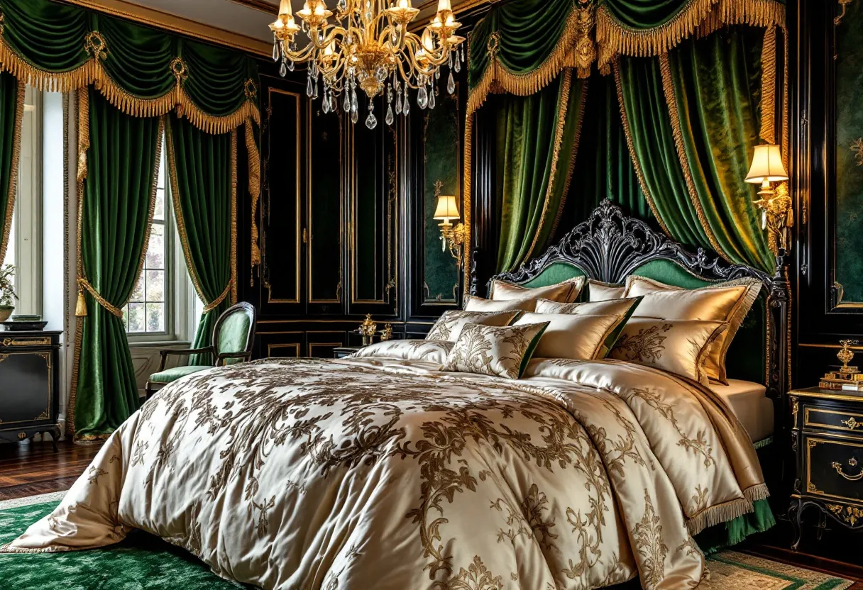 This luxury bedroom exudes opulence and sophistication, with its rich, dark green and gold color palette. The lavish draperies, adorned with elaborate gold tassels and trims, cascade elegantly from floor to ceiling, creating an atmosphere of regality. The large, ornately carved headboard forms a dramatic focal point, perfectly complementing the lush, patterned bedding in gold hues. Crystal chandeliers hang from the ceiling, casting a warm, ambient glow that enriches the room's grandeur.

The room features fine, dark wood furniture with intricate gold detailing, adding to the overall sense of luxury and refinement. Sumptuous textures are present throughout, from the silky bed linens to the plush, velvety upholstery on the seating. Elegant wall sconces with an antique finish further enhance the room’s classic elegance. This space is a perfect blend of comfort and style, inviting relaxation amid its magnificence.