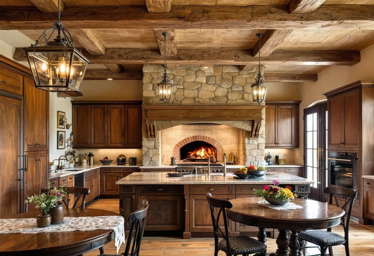 This luxury kitchen exudes rustic elegance, featuring exposed wooden beams on the ceiling that add character and warmth to the space. A stunning stone fireplace with an integrated oven serves as a captivating focal point, embodying a cozy, inviting atmosphere. The rich, wooden cabinetry complements the overall palette, providing ample storage while enhancing the kitchen’s traditional charm. Large, elegantly framed windows allow natural light to flood in, brightening the room and highlighting the intricate details of the woodwork.

Two grand lantern-style pendant lights hang above the central island, illuminating the workspace with a soft, ambient glow. The island itself is substantial, topped with a polished stone surface, outfitted with modern fixtures, and accompanied by classic wooden chairs. A round wooden dining table, adorned with fresh flowers, offers a delightful spot for informal meals or gatherings. This harmonious blend of natural materials and refined craftsmanship creates a kitchen that is both functional and aesthetically pleasing, making it a perfect space for culinary adventures and social interactions.