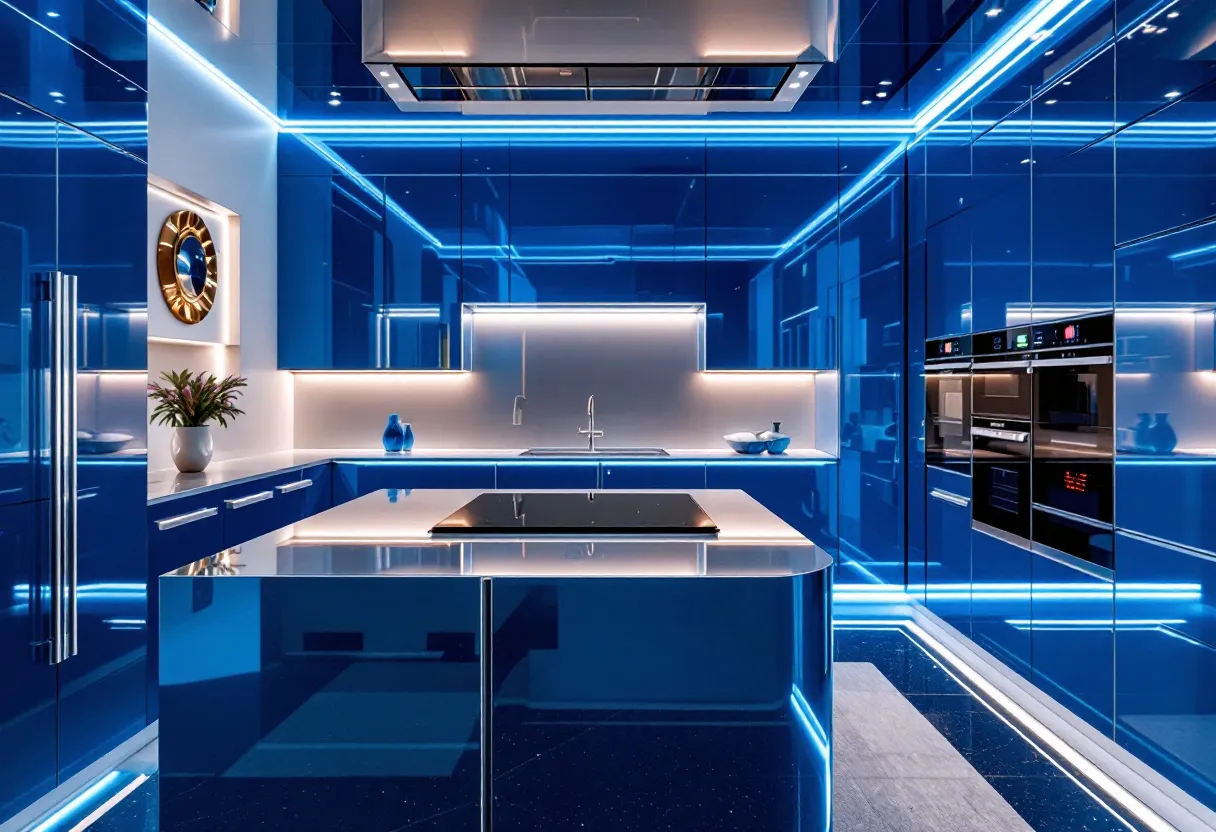 This luxury kitchen radiates modern sophistication with its sleek, glossy blue cabinetry that dominates the space. The reflective surfaces create an ambiance of opulence, accentuated by strategic LED lighting that outlines the room's contours, adding depth and dimension. The minimalistic design is both functional and stunning, featuring an elegant island that serves as a focal point, equipped with a state-of-the-art induction cooktop. The lighting beneath the counters and the ceiling highlights these elements, creating a visually striking symmetry.

The kitchen’s appliances are seamlessly integrated, maintaining a continuous flow of the high-gloss finish. A large, polished sink with a minimalist design faucet adds to the kitchen’s functional elegance. The subtle metallic accents in the handles and fixtures complement the overall futuristic theme. Small decorative elements, such as a modern clock and simple, tasteful arrangements, add a touch of personalization without overwhelming the space. This kitchen embodies luxury through its bold color choice and meticulous modern design.