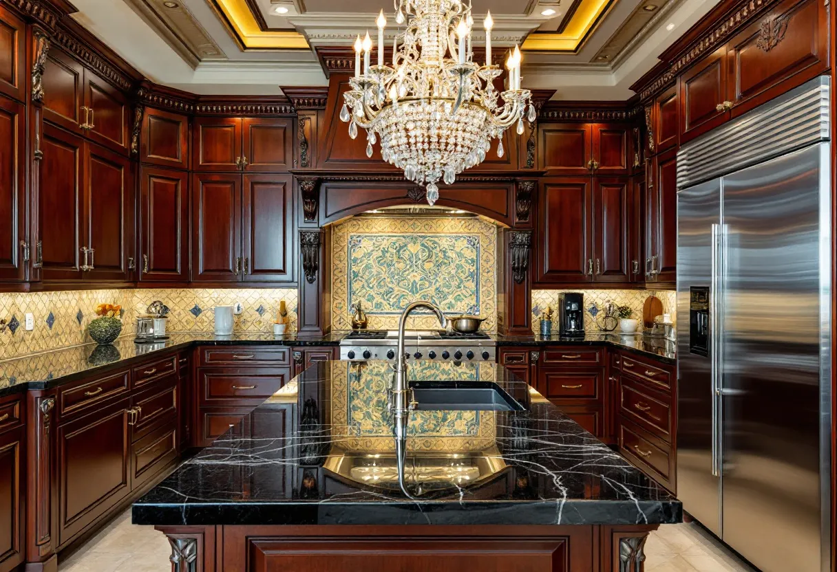 This luxury kitchen exudes elegance and sophistication, characterized by its rich mahogany cabinetry adorned with intricate carvings and brass hardware. The elevated ceiling is embellished with layered moldings and illuminated by a grand, sparkling chandelier that serves as a stunning focal point. A large central island features a polished black marble countertop with white veining, offering a luxurious space for meal preparation and entertaining. 

The backsplash adds a touch of artistry with its beautifully patterned, mosaic tiles in soft, harmonious colors, complementing the overall warm and inviting tone of the kitchen. High-end stainless steel appliances seamlessly integrate with the cabinetry, providing a modern contrast to the classic wooden elements. The attention to detail in every aspect, from the elegant fixtures to the sophisticated design, makes this kitchen a true masterpiece in luxury living.