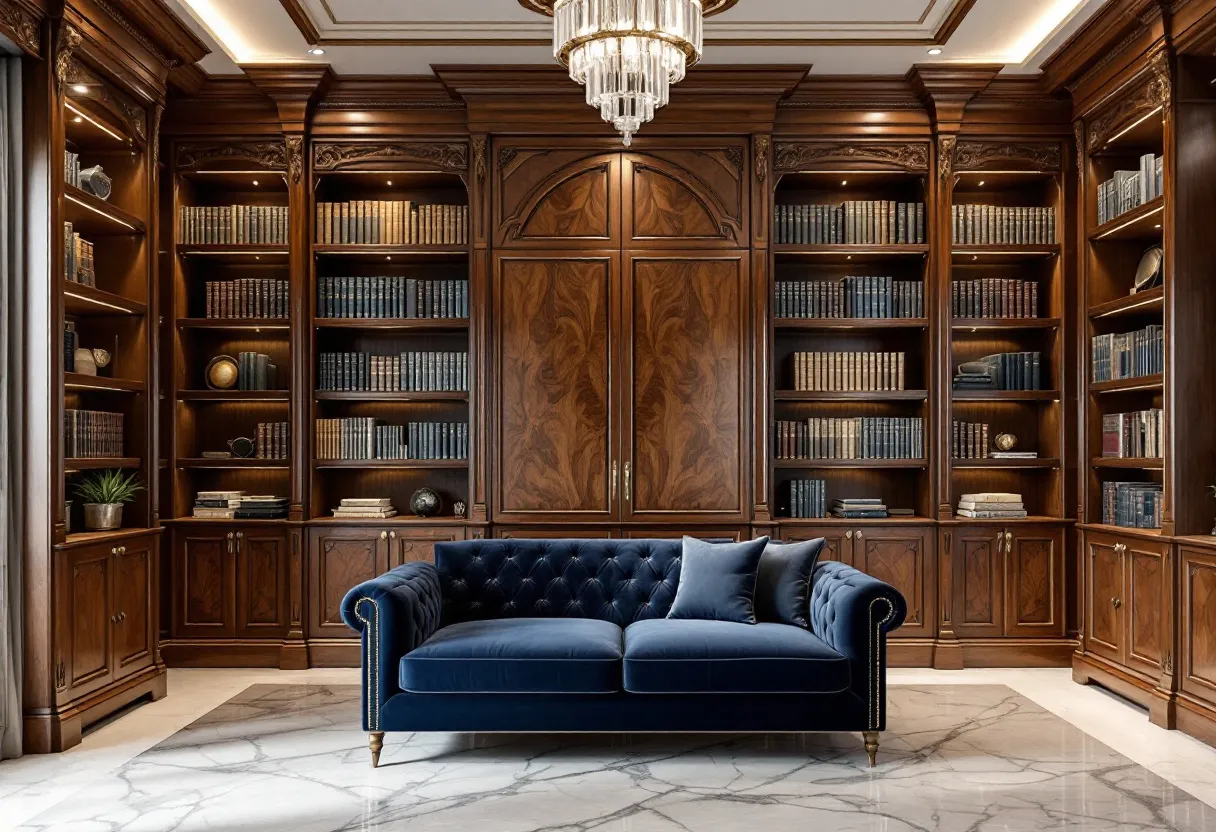 This luxury office exudes sophistication and elegance, showcasing an exquisite fusion of classic and contemporary design elements. The room is anchored by beautifully crafted wooden bookshelves, which line the walls and display an impressive collection of books and decorative items. The woodwork features intricate detailing, adding to the overall grandeur and refined atmosphere. A plush, deep blue velvet sofa sits at the center, inviting relaxation and conversation. The sofa’s tufted design and polished wooden legs enhance the opulent feel of the space.

The marble flooring adds a touch of luxury, reflecting light and contributing to the room's bright and spacious ambiance. A stunning crystal chandelier hangs from the ceiling, casting a warm glow and further elevating the elegance of the office. Soft lighting from recessed fixtures complements the chandelier, highlighting the rich textures and materials used throughout the room. This office perfectly combines comfort and luxury, making it an ideal space for both work and leisure.