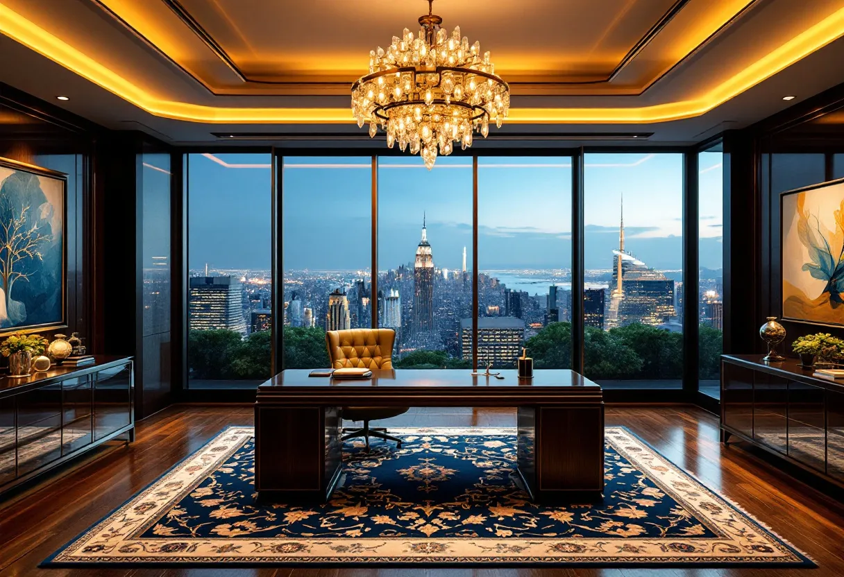 This luxury office is an epitome of elegance and sophistication, featuring a breathtaking panoramic view of a bustling metropolis from the floor-to-ceiling windows. The room is anchored by a grand, dark wood desk positioned centrally on a rich, ornately designed rug, which adds warmth and a touch of classic luxury to the space. The plush, tufted leather chair behind the desk exudes comfort and prestige, perfectly complementing the sophisticated ambiance.

The room is illuminated by a magnificent crystal chandelier, casting a warm and inviting glow that enhances the opulent atmosphere. Exquisite artworks adorn the walls, adding splashes of color and creating focal points that draw the eye. The sleek and polished wooden floors add to the office's refined aesthetic, while tasteful decorative accents, such as vases and potted plants, provide subtle touches of personal style and elegance.