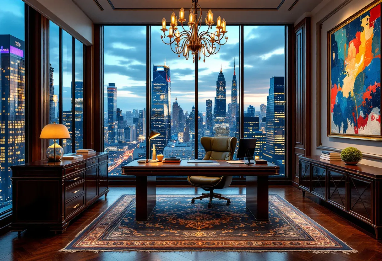 This luxury office exudes sophistication and elegance with its commanding view of the cityscape through expansive floor-to-ceiling windows. The natural light flooding the room highlights the rich, dark wood furnishings that contribute to the office's opulent atmosphere. At the center, a grand wooden desk is complemented by a plush, leather executive chair, suggesting both comfort and authority. A refined chandelier overhead adds an extra touch of class, casting a warm glow that creates a welcoming ambiance. 

The decor is thoughtfully curated, featuring a striking abstract painting that injects vibrant color into the space, balancing the darker tones of the woodwork. The intricate design of the carpet beneath the desk adds a layer of texture and luxury. The office is equipped with carefully selected accessories, including stylish lamps and organizational elements, which enhance its functionality without compromising its aesthetic appeal. Overall, this office is designed for both grandeur and practicality, ideal for a professional who values style and efficiency.