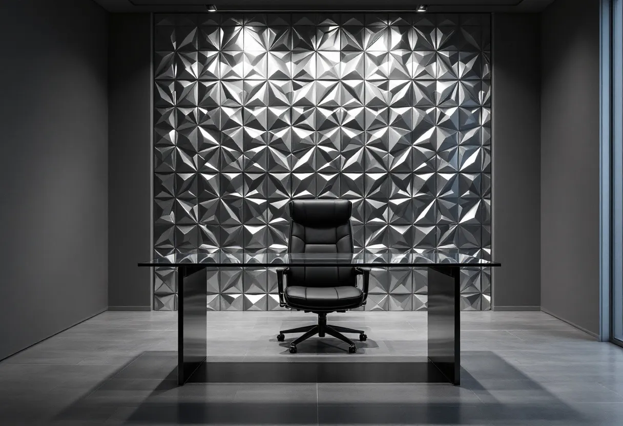 This luxury office exudes a sense of modern sophistication with its sleek and minimalist design. The focal point is a black high-backed chair that exudes authority and comfort, set behind an elegant glass desk with a glossy black base. The geometric pattern wall behind the desk is a striking feature, adding an element of texture and depth to the space. The metallic tones of the wall contrast elegantly with the dark furniture, creating a visually compelling backdrop.

The overall ambiance is one of professional elegance, highlighted by the strategic use of lighting that casts soft shadows and accents the architectural features. The clean lines and uncluttered layout suggest a focus on efficiency and clarity, while the understated color palette reinforces a sense of calm and focus. This office combines functionality with luxury, providing an environment that is both inspiring and conducive to productivity.