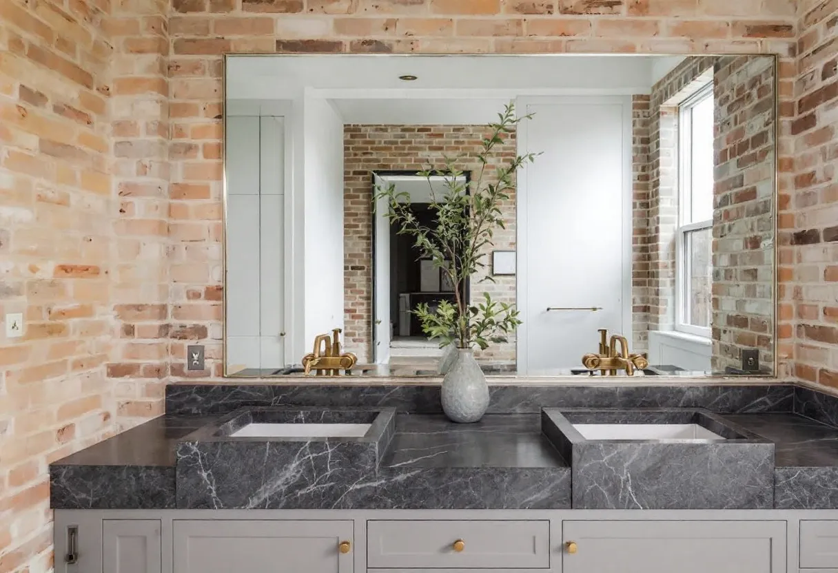 This masculine bathroom features an impressive blend of rugged charm and modern elegance. The exposed brick walls contribute to a rustic ambiance, adding texture and warmth to the space. The large mirror above the dual sinks reflects abundant natural light from the nearby window, creating an open and inviting aura. The precise, strong lines of the black marble countertop contribute a touch of sophistication, balanced perfectly with the earthy tones of the brick.

Adding to the masculine aesthetic are the fixtures and fittings, such as the bold brass faucets, which enhance the overall industrial vibe while providing a warm metallic contrast against the monochrome marble. The gray cabinetry with sleek, understated handles subtly complements the darker tones of the sink area. A vase with greenery adds a refreshing, organic element, softening the space without detracting from its masculine appeal. This bathroom harmonizes comfort with style, offering a serene yet robust retreat.