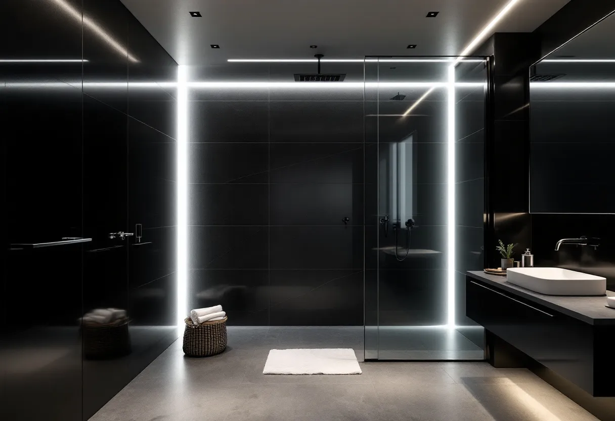 This masculine bathroom exudes a sleek, modern aesthetic with its dark, moody color palette and minimalist design. The walls and fixtures feature deep, rich tones that are both bold and sophisticated. The use of dark tiles, possibly in shades of black or charcoal, creates a cohesive and refined look. The room is enhanced by strategic lighting, particularly the striking linear LED lights that add a dramatic flair to the space. These lights emphasize the clean lines and geometric shapes, highlighting the bathroom's contemporary style.

The bathroom also includes a spacious walk-in shower, which is enclosed by transparent glass panels. This open design concept contributes to the overall sense of spaciousness and luxury. The fixtures, such as the sink and faucet, retain clean lines and simplicity, contributing to the minimalist theme. A few carefully chosen accessories, like neatly rolled towels in a woven basket and a small potted plant, add subtle touches of texture and softness, ensuring the space feels welcoming without sacrificing its masculine edge. The combination of polished surfaces with the softened elements creates a harmonious balance between elegance and functionality.