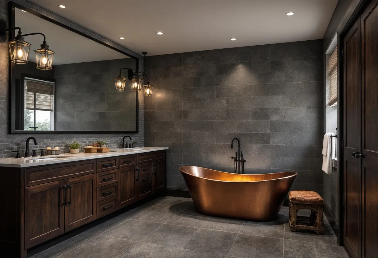 This masculine bathroom exudes a sense of rugged elegance with its use of dark, earthy tones and robust materials. The focal point is the striking copper bathtub, which adds a touch of luxury and warmth against the slate gray tiles that line the walls and floor. The combination of these elements creates a harmonious balance between natural and industrial aesthetics. The lighting fixtures, reminiscent of vintage lanterns, cast a soft, ambient glow, enhancing the room’s intimate atmosphere.

The vanity area further emphasizes the masculine design with its rich wooden cabinetry, offering ample storage and a bold visual anchor. The large, framed mirror above the countertop reflects the room, adding depth and an enhanced sense of space. Subtle touches, such as the neatly arranged potted plants and neatly folded towels, introduce a hint of softness and sophistication to the overall design, completing the room's inviting yet strong character.