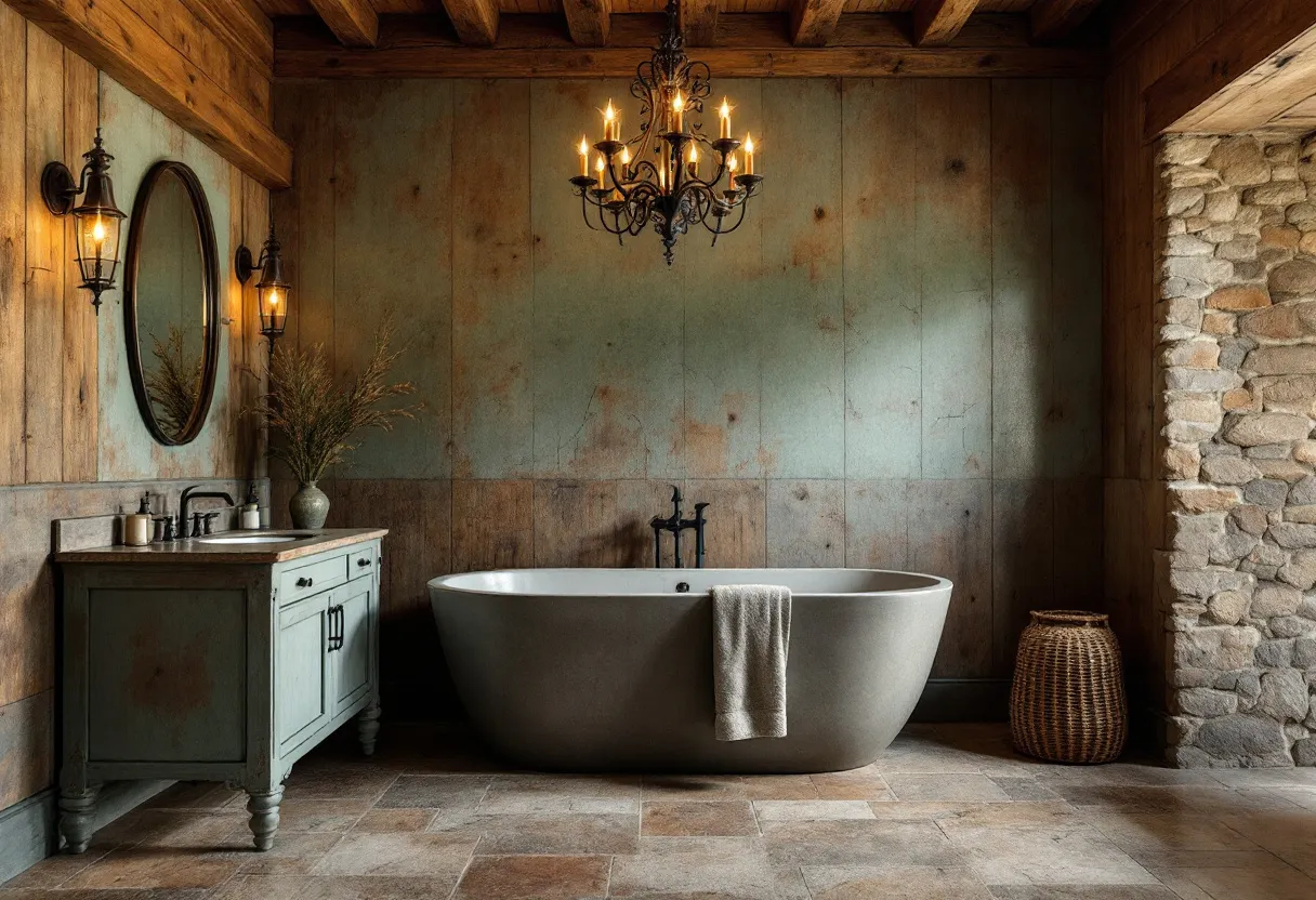 This masculine bathroom exudes a rugged yet sophisticated charm, combining rustic and industrial elements to create a unique atmosphere. The walls feature a combination of weathered wood and a cool, stone-like texture, providing a solid and earthy backdrop for the space. The large, freestanding bathtub in a sleek, matte finish serves as a centerpiece, adding a modern touch to the otherwise rustic environment. The rich, muted tones throughout the room, including the earthy tile flooring, contribute to a warm and inviting ambiance.

The room is elegantly illuminated by a wrought iron chandelier, adding a sense of grandeur and classic aesthetic. Complementing the chandelier are the wall sconces, which enhance the ambient lighting and balance the room's decor. A substantial wooden vanity, topped with a vessel sink, pairs function with style. The wicker basket adds a natural element, tying in beautifully with the stone wall. Overall, this bathroom combines masculine elements with purposeful design, creating a refined yet cozy retreat.