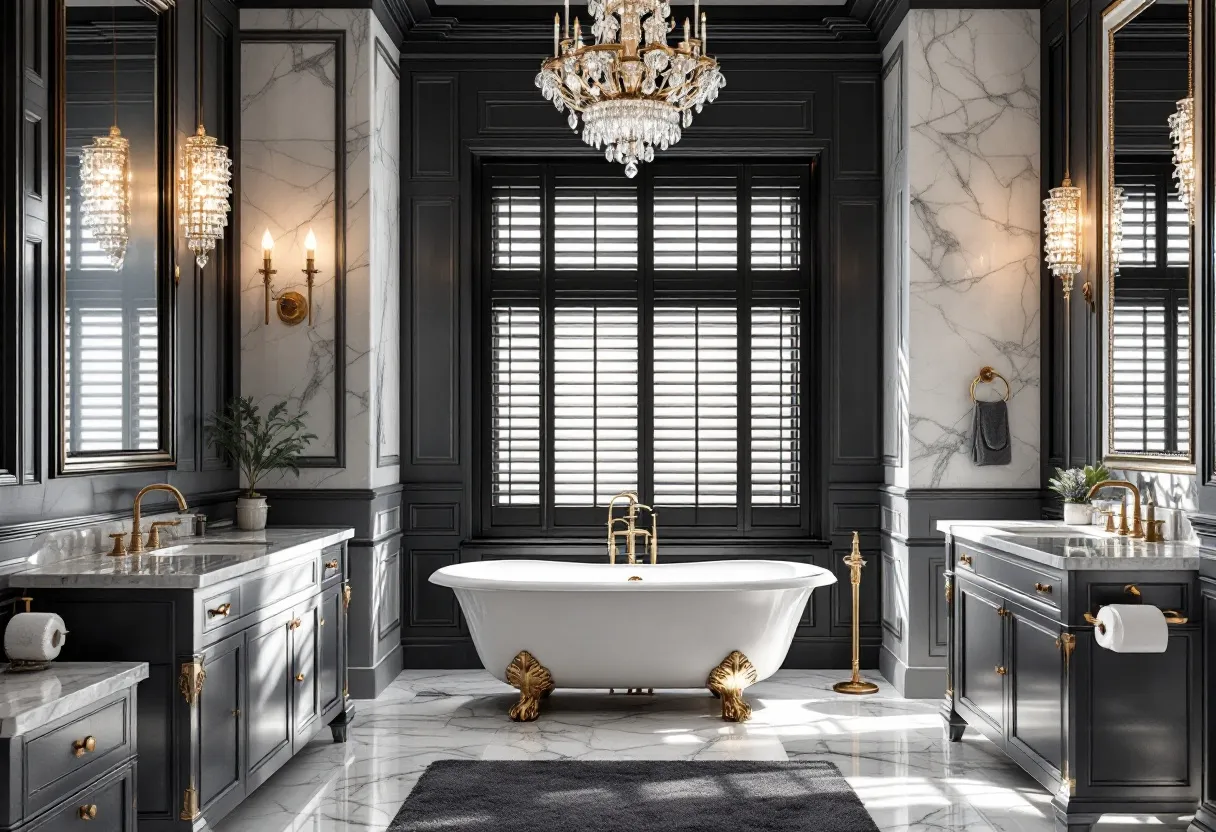 This masculine bathroom exudes a sense of sophistication and luxury, emphasized by its bold and dramatic design elements. The walls are adorned with marble, blending seamlessly with deep, rich shades of black that create a stark yet elegant contrast. The focal point is the majestic freestanding bathtub, set on intricately designed golden claw feet, embodying a classic yet modern aesthetic. The use of gold accents throughout, from the faucets to the handles, adds an opulent touch that complements the dark tones, creating a sense of grandeur.

The lighting in this space plays a crucial role in enhancing its luxurious feel. An exquisite chandelier hangs from the ceiling, casting a warm glow that is echoed by the wall-mounted lights. These elements introduce a soft, ambient illumination, which is reflected by the wall-length mirrors, adding depth and dimension to the room. The window shutters offer both privacy and a dramatic play of light and shadows, contributing to the room’s overall regal ambiance. This bathroom is a perfect blend of elegance and masculinity, offering a space that is both functional and visually arresting.