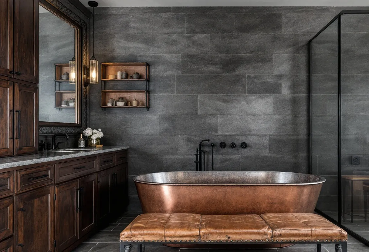 This masculine bathroom exudes a sophisticated and robust atmosphere, with its use of deep, earthy tones. The centerpiece is a striking copper bathtub, which adds a rugged yet refined touch to the space. The walls are clad in large charcoal tiles, offering a sleek and modern backdrop. A sturdy leather bench sits prominently in front of the tub, combining comfort with style, reminiscent of classic, masculine design.

The bathroom is also equipped with an expansive wooden vanity, featuring rich dark wood cabinets that complement the overall earthy palette. Above the vanity, a large, framed mirror not only enhances the sense of space but also reflects the industrial-style pendant lighting, which adds warmth and invites a subtle glow. Open shelving provides a practical yet stylish storage solution, displaying a selection of neatly arranged apothecary jars that contribute to the room's refined aesthetic.