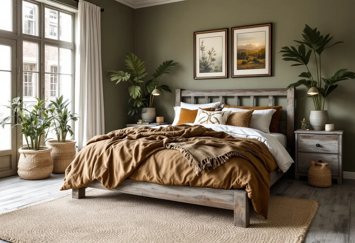 This masculine bedroom exudes a warm and inviting atmosphere, primarily achieved through its earthy color palette and rustic elements. The walls are painted in a calming olive green, which pairs seamlessly with the distressed wooden furniture, including the substantial bed frame and matching nightstand. A large window allows natural light to flood the room, illuminating the space and enhancing its natural elements. The bedding is layered with rich, earthy tones such as deep brown and muted gold, which add depth and comfort to the room's ambiance.

Accents of greenery are thoughtfully placed throughout, with lush potted plants adding a touch of nature and fresh air to the space. A woven rug underpins the design, echoing the natural textures and complementing the wooden flooring. Above the bed, two framed artworks depicting serene landscapes provide a focal point and tie together the room’s theme. This bedroom successfully balances rugged elements with cozy details, creating a perfect retreat.