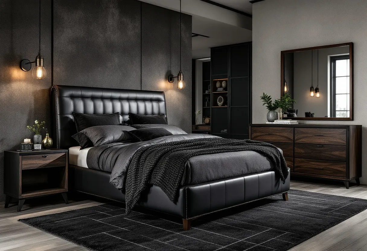 This masculine bedroom exudes a sleek and sophisticated vibe, characterized by its dark color palette and modern furnishings. The centerpiece of the room is a large, upholstered bed with a tufted black leather headboard, which adds an element of luxury and comfort. The bedding features rich, dark tones that complement the overall color scheme and enhance the room's bold, elegant feel. On either side of the bed, simple yet stylish nightstands provide functionality and balance. The warm glow of the industrial-style pendant lights adds a touch of refinement and creates a cozy ambiance.

In addition to the striking bed, the room features a dark wooden dresser that offers ample storage. The mirror above the dresser is framed in a dark finish, adding depth and enhancing the room's polished aesthetic. The minimalist decor, including a few well-chosen accents and plants, adds a hint of personal touch without overwhelming the space. The dark, textured rug on the floor not only grounds the room but also ties together the various elements, resulting in a cohesive and masculine environment.