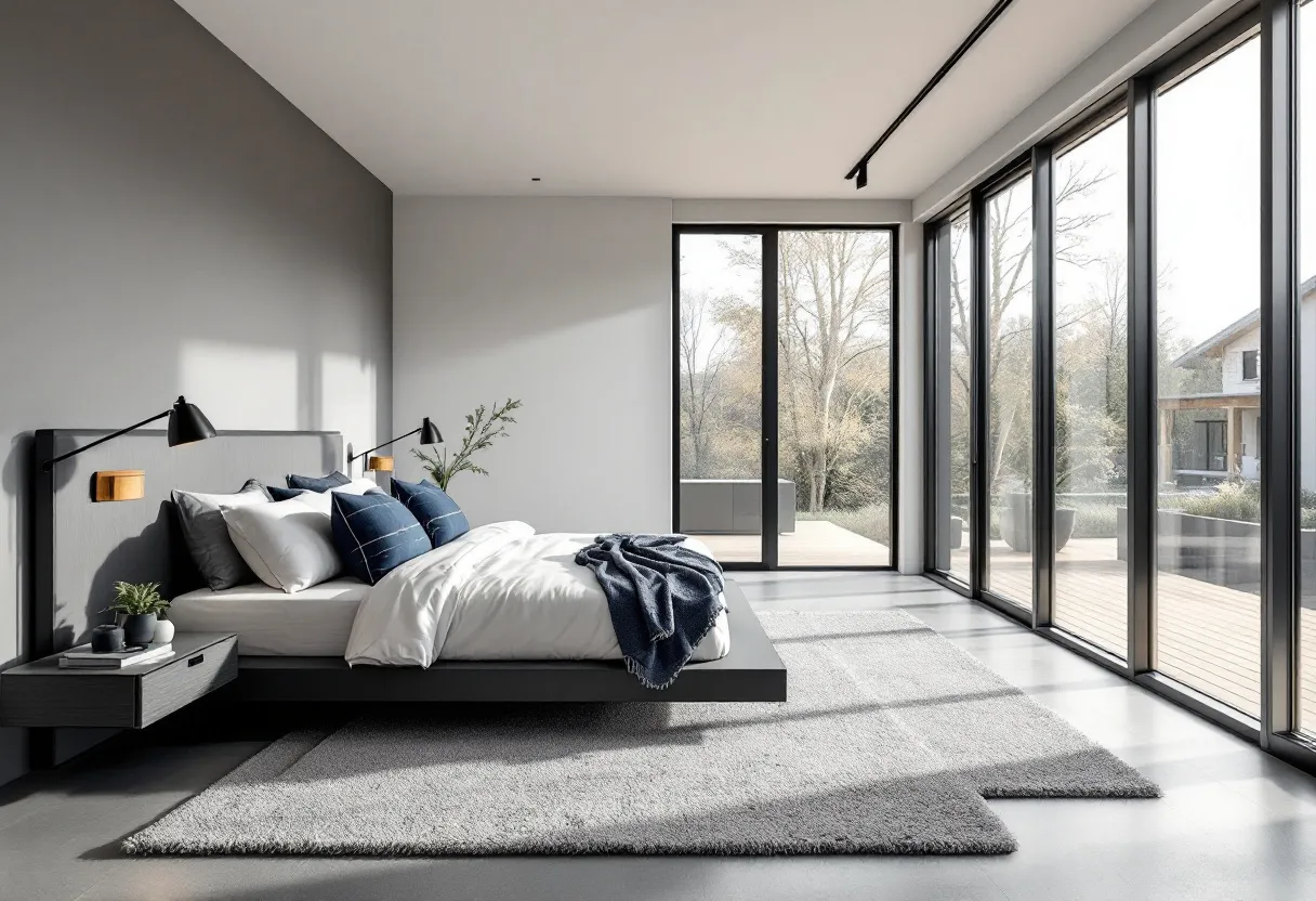 This masculine bedroom embodies a sleek and modern design, characterized by its clean lines and minimalist aesthetic. The room is anchored by a low-profile bed with a dark, sturdy frame, which perfectly complements the muted gray tones of the walls. The bedding is simplistic yet sophisticated, featuring crisp white sheets paired with dark, textured pillows in deep shades of navy blue, adding a striking contrast that enhances the masculine appeal. Flanking the bed are minimalist sconces and wall-mounted nightstands in a dark finish, reinforcing the room's streamlined look while providing functional lighting and storage.

The space is accentuated by large floor-to-ceiling windows, which invite ample natural light and offer a seamless connection to the outdoors, enhancing the room's airy and open feel. A plush, light gray area rug sits beneath the bed, providing a soft contrast to the polished concrete floor and introducing a touch of warmth to the space. The overall design is understated yet elegant, effortlessly combining comfort and style while maintaining an atmosphere of quiet sophistication.