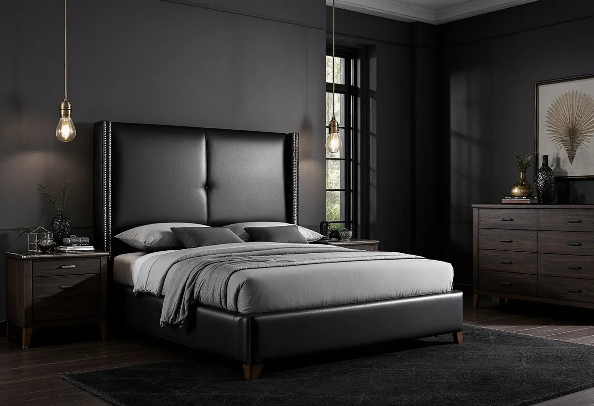 This masculine bedroom exudes a sense of sophistication and modern elegance, dominated by a palette of dark colors that create a cozy, intimate atmosphere. The focal point of the room is a large bed featuring a tall, black upholstered headboard that adds a touch of luxury. The bedding is kept in neutral gray tones, complementing the overall monochromatic theme and maintaining a sleek appearance. Hanging pendant lights on either side of the bed introduce a subtle industrial element, softly illuminating the space while adding visual interest.

The room is thoughtfully decorated with dark wooden furniture, including nightstands and a dresser, which enhance the masculine aesthetic. Metal accents on drawer handles and minimalist decor items contribute to the contemporary vibe of the bedroom. A textured black rug anchors the space, providing contrast against the polished wooden floor. Natural light filters through large windows, balancing the dark hues and ensuring the room feels open and inviting.