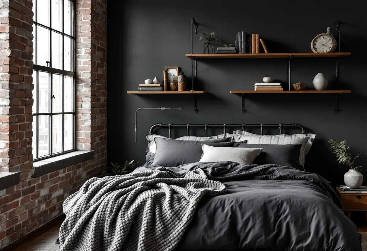 This masculine bedroom exudes an industrial yet cozy vibe, achieved through the clever use of materials and color palette. The exposed brick walls paired with large black-framed windows create a rugged yet contemporary backdrop. The dark gray walls enhance the moody atmosphere, while the steel bed frame and muted bedding contribute to the room's understated elegance. The bedding, featuring a mix of gray and charcoal tones, is complemented by a chunky knit throw, adding texture and warmth to the space.

The minimalistic shelving, made with wood and metal pipes, holds an array of decor items that further accentuate the masculine tone. Books, a rustic clock, and ceramic vases adorned the shelves, adding personal touches without cluttering the room. The carefully chosen accessories, like the small potted plant, introduce a hint of nature, balancing the industrial aesthetic. Subdued lighting adds to the overall ambience, making this bedroom a perfect retreat that is both stylish and functional.