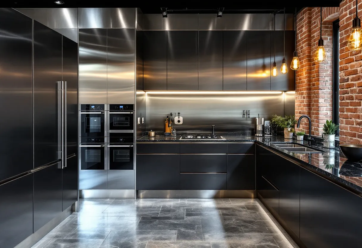 This masculine kitchen exudes a sleek, industrial vibe with its use of black and stainless steel elements. The cabinetry and appliances maintain a streamlined, minimalist design, which contributes to the modern aesthetic. The stainless steel surfaces, including the backsplash and oven, create a reflective quality that adds depth and dimension to the space. The use of black cabinetry further emphasizes the bold, strong nature of the kitchen, while maintaining a sense of elegance and sophistication. The layout is highly functional, with a clear emphasis on efficiency and usability.

The space also incorporates exposed brick walls, which add a touch of warmth and character, contrasting the otherwise cool, metallic finishes. This combination of materials gives the kitchen a raw, yet refined look. The use of bold, industrial-style pendant lighting with exposed bulbs enhances the ambiance, casting a warm glow across the work surfaces. Subtle touches of greenery in the form of potted plants soften the overall aesthetic, introducing a natural element that complements the otherwise robust design. This carefully curated combination of elements results in a masculine kitchen that is both stylish and practical.