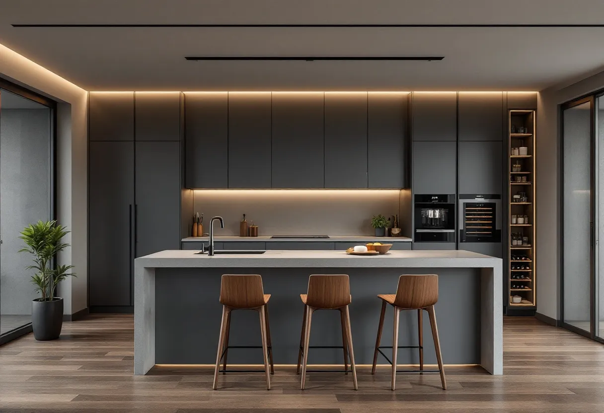 This masculine kitchen exhibits a sleek and modern design, characterized by its use of dark cabinetry and integrated appliances that blend seamlessly into the backdrop. The muted color palette of deep grays creates an atmosphere of sophistication and understated strength. The minimalist design is complemented by clean lines and smooth surfaces, giving the kitchen an uncluttered and efficient feel.

The central island serves as a focal point, featuring a solid surface countertop and equipped with a sleek, contemporary faucet. The wooden stools add a touch of warmth and earthiness to the otherwise cool-toned space. Under-cabinet lighting casts a soft glow, enhancing the overall ambiance and highlighting the kitchen’s modern aesthetic. This kitchen balances functionality with style, making it a perfect space for both cooking and socializing.