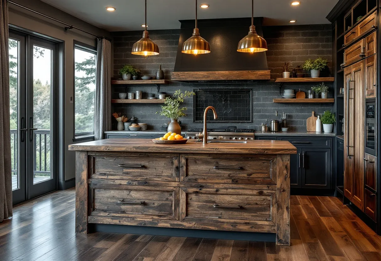 This masculine kitchen exemplifies a robust and earthy aesthetic, emphasizing strong materials and bold design choices. The space features dark, textured brick walls that serve as a dramatic backdrop, drawing attention to the rugged charm of the kitchen. The wooden cabinetry and island, crafted from distressed timber, add an element of rustic sophistication, complemented by sleek black accents that provide a modern edge. The combination of wood and metal creates a harmonious blend, imbuing the room with a sense of warmth and functionality.

The lighting in this kitchen is both practical and stylish, with pendant lights in a rich metallic finish hanging above the island, casting a warm glow that highlights the workspace below. Open shelving made of solid wood displays an array of potted plants and kitchenware, adding a touch of greenery and personal flair to the otherwise industrial setup. The overall design emphasizes a balance between ruggedness and refinement, creating a space that is both inviting and efficient.