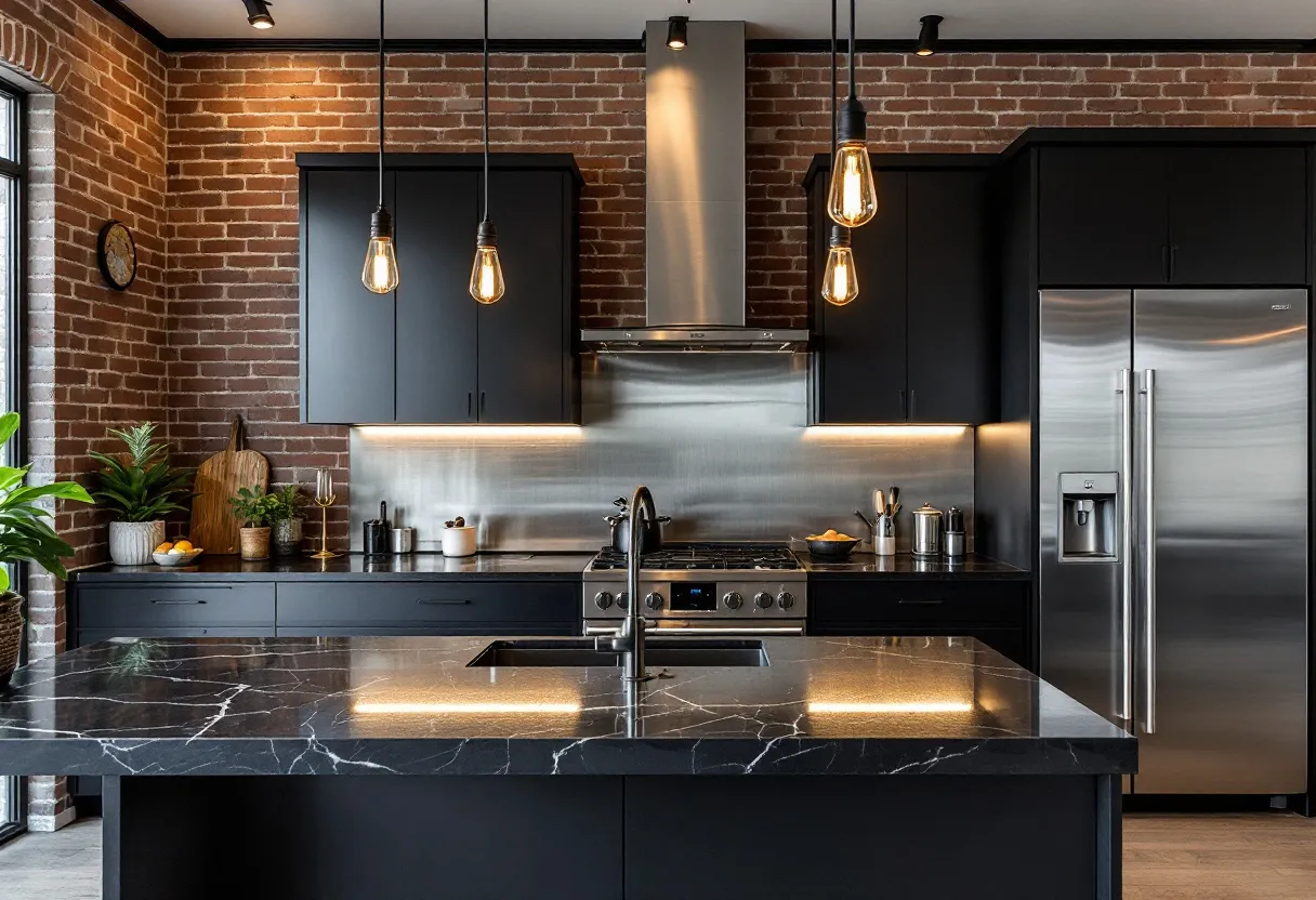 This masculine kitchen exudes a bold and sophisticated aesthetic, characterized by its sleek, dark cabinetry and contrasting elements. The black cabinets are complemented by the warm texture of the exposed brick wall, offering a modern-industrial vibe that feels both stylish and inviting. Stainless steel appliances and accents, such as the range hood and refrigerator, add a touch of shine and reinforce the kitchen’s robust character. The use of under-cabinet lighting casts a subtle glow on the countertops, enhancing the overall ambiance and creating a functional cooking space.

The kitchen island serves as a central focal point, featuring a polished black marble countertop with striking white veining. Suspended above the island, a trio of Edison bulb pendant lights provides focused illumination while contributing to the kitchen's clean and contemporary design. Small decorative touches, such as potted plants and a wood cutting board, introduce a hint of warmth and natural texture, balancing the space's bold aesthetic. Overall, this kitchen seamlessly combines modern design elements with timeless materials to create a space that is both practical and visually appealing.