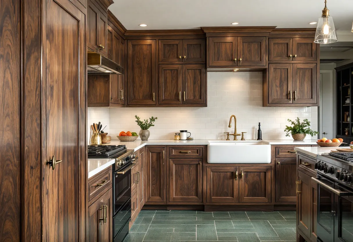 This masculine kitchen exudes a robust and refined aesthetic, characterized by the rich, dark wood cabinetry that dominates the space. The wood grain adds texture and depth, creating an inviting yet powerful atmosphere. Brass fixtures and handles complement the cabinetry, lending an air of sophistication and traditional elegance. The substantial farmhouse sink, with its deep basin and vintage-inspired faucet, anchors the kitchen's design, merging functionality with rustic charm. The neutral tiled backsplash, extending from counter to ceiling, balances the darker tones with its lighter hue, enhancing the sense of space and light.

The slate-colored tile flooring contributes to the kitchen's masculine appeal, offering durability and a cool, sleek finish that ties the room together. The strategic placement of minimal, yet stylish, decorative elements, such as potted greenery and fruit bowls, provides subtle pops of color while maintaining the kitchen's stately atmosphere. The lighting, with its industrial-style fixtures, casts a warm glow, highlighting the rich tones and textures throughout the space, creating a perfect blend of rugged sophistication and modern comfort.