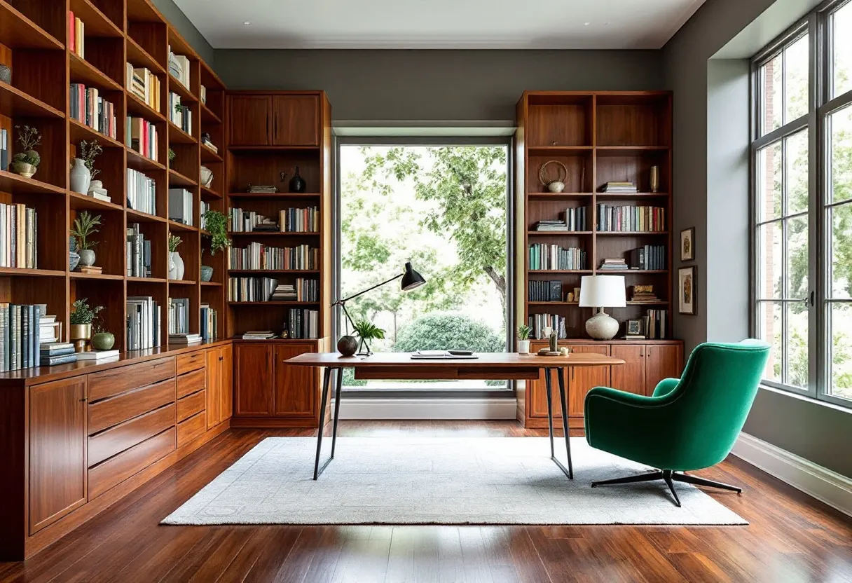 This masculine office embodies a sophisticated blend of modern and classic design elements. The extensive use of rich, dark wood in the custom-built bookshelves and the sleek surface of the polished hardwood floors establishes a warm and inviting atmosphere. The expansive shelves, meticulously arranged with a selection of books and artful objects, add to the intellectual yet stylish feel of the room. A large window allows natural light to illuminate the space, contrasting with the deep tones of the wood and highlighting the carefully curated decor. This balance of natural and ambient light enhances the room’s overall ambiance, offering a serene environment for work and contemplation.

The central focus of the office is the elegantly designed desk, which stands on a soft, neutral-toned rug, anchoring the workspace. The minimalist design of the desk, complemented by a modern black lamp, provides a clean and organized space for productivity. To the right, a plush green chair adds a pop of color, serving both as a practical seating option and a statement piece that underlines the refined aesthetics of the room. Overall, this masculine office space is a testament to understated luxury, blending functionality with tasteful design choices to create a purposeful and harmonious environment.