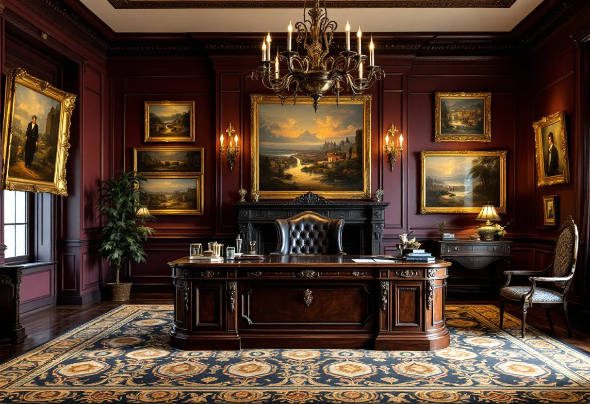 This masculine office exudes an air of timeless elegance and sophistication, highlighted by its rich, dark wood paneling and luxurious decor. At the center stands a grand mahogany desk, commanding attention with its ornate carvings and polished surface, providing an anchor for the room. The dark leather chair behind the desk further emphasizes authority and refinement, inviting one to take a seat and delve into important affairs. A plush, intricately patterned area rug stretches across the floor, adding warmth and comfort to the space while complementing the deep wood tones.

The office is adorned with an array of classic oil paintings in gilded frames, each depicting serene landscapes and historical themes, which imbue the room with a sense of prestige and culture. Elegant lighting fixtures, including a grand chandelier and tasteful wall sconces, cast a warm, ambient glow, accentuating the rich colors and textures within the room. The subtle presence of greenery in the corner adds a touch of nature, creating a balanced harmony between the stately elements of the office.