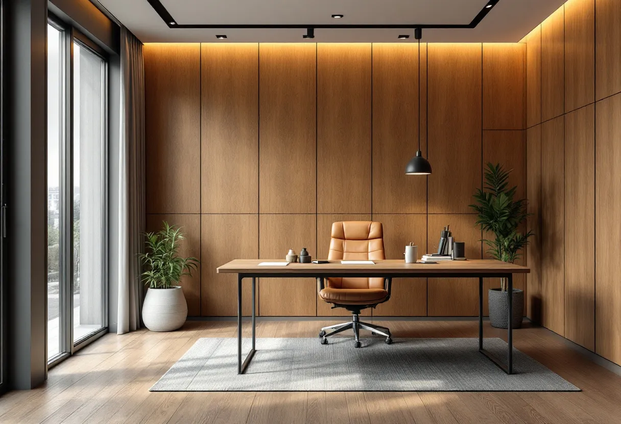 This masculine office exudes a sense of sophistication and refinement, characterized by its clean lines and strong, bold presence. The warm wood paneling that encompasses the room provides a rich backdrop, enhancing the sense of grounded stability within the space. A large, sleek desk sits centrally, made from matching wood and supported by sturdy metal legs, suggesting a blend of tradition and modernity. The tan leather chair behind the desk is both functional and comfortable, offering an inviting spot for work and reflection. The overall design is minimal yet striking, emphasizing quality over quantity in its carefully chosen furnishings.

Natural light floods the office through large glass doors, adding a dimension of openness to the otherwise enclosed space. The light interacts with the warm, earthy tones of the wood, creating a harmonious and welcoming atmosphere. Potted plants strategically placed on either side of the desk lend an organic touch, softening the room’s strong lines and adding a subtle hint of color. A pendant light overhead provides focused illumination, completing the room's balanced aesthetics. This well-curated environment speaks to a tasteful blending of elements, resulting in a place that is both functional and visually compelling.