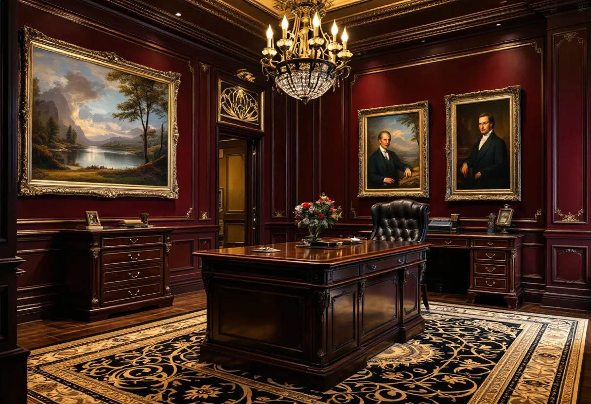 This masculine office exudes a sense of authority and sophistication, characterized by its deep burgundy walls and dark wood furnishings. The centerpiece is a grand executive desk with rich, polished wood and a luxurious, tufted leather chair, positioned prominently on a patterned rug. The intricate design of the carpet complements the opulent wooden tones, adding a layer of elegance to the room. The walls are adorned with classical artwork in ornate frames, featuring both portraits and landscapes, which lend a timeless, dignified atmosphere to the space.

The impressive chandelier hanging from the ceiling adds to the room's grandeur, casting a warm glow that enhances the richness of the decor. Additional furniture pieces, such as side tables and cabinetry, echo the traditional style, each piece meticulously crafted to fit within the room’s cohesive aesthetic. The dark wood and carefully chosen decorative elements cultivate an environment that speaks to power and tradition, making the office not only a place of work but also a symbol of status and refined taste.