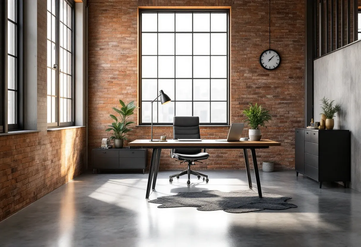 This masculine office exudes a robust and minimalist aesthetic, characterized by industrial elements and a neutral color palette. The exposed brick wall, a classic feature of industrial design, provides a textured backdrop that enhances the room's rugged and earthy appeal. The large grid window, allowing ample natural light, underscores a sense of openness and is complemented by sleek, black window frames that add a touch of sophistication. The polished concrete floor further contributes to the industrial vibe while maintaining an air of understated elegance.

At the center, a solid wooden desk with clean lines anchors the space, partnered with a black ergonomic chair that combines functionality with sleek design. Minimal accessories adorn the desk, such as a modern desk lamp and a few essential items, enhancing the minimalist theme. Potted plants strategically placed around the room introduce a hint of nature, balancing the starkness with a splash of greenery. The black cabinet on the side offers practical storage while maintaining the coherent color scheme, and the round wall clock provides a subtle functional detail. Overall, this office strikes a harmonious balance between strength and simplicity.