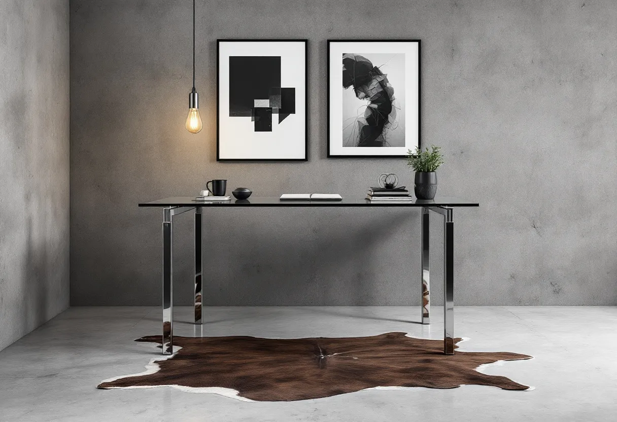 This masculine office exudes a sleek and modern aesthetic with its minimalist design and monochromatic color scheme. The centerpiece is a streamlined glass desk with polished chrome legs, lending the space an air of sophistication and clarity. Above the desk, two framed black-and-white abstract artworks add a touch of artistic flair while further reinforcing the minimalist theme. The concrete walls and floor create a raw, industrial backdrop, adding to the masculine vibe.

The lighting is subtle yet impactful, featuring a singular exposed bulb pendant that adds warmth to the otherwise cool-toned room. A dark cowhide rug beneath the desk introduces an element of texture and natural charm, contrasting with the smooth surfaces of the desk and floor. A small potted plant on the desk provides a pop of greenery, adding a touch of life to the office. Overall, this office embodies a balance of elegance and understated power, perfect for a professional environment.