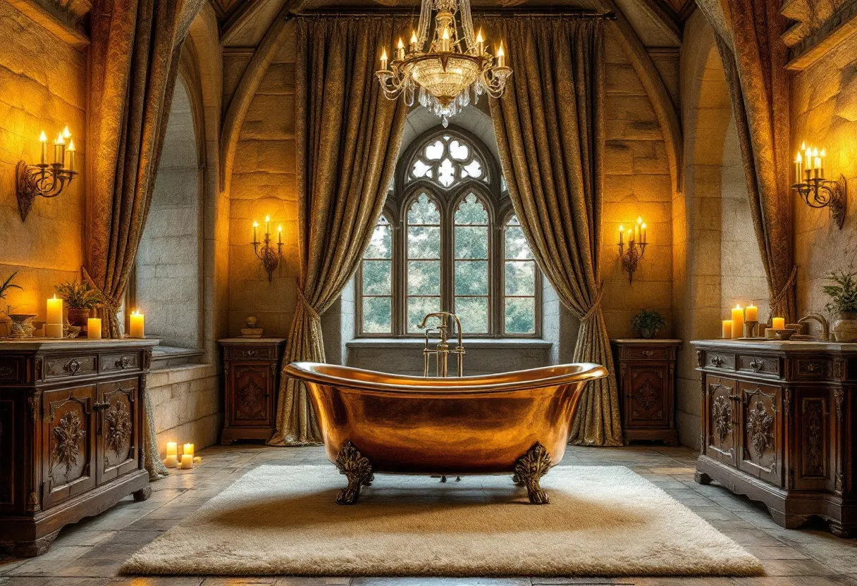 This medieval bathroom exudes a sense of grandeur and opulence, with its high vaulted ceilings and ornate architectural features. The focal point is the luxurious copper bathtub, which stands prominently in the center of the room on an elegant rug. The tub’s claw-like feet and polished surface reflect the flickering light from the numerous candles placed strategically around the room, creating a warm and inviting ambiance. Behind the tub, a large arched window allows natural light to filter through, highlighting the intricate wooden carvings on the cabinetry and complementing the richly-textured stone walls.

The overall atmosphere is enhanced by the plush, golden draperies that frame the window, echoing the opulence of the chandelier hanging above. This fixture adds a touch of lavishness with its sparkling crystals and gentle glow. Flanking the window are symmetrically-arranged wall sconces, which contribute to the room's cozy illumination. The attention to detail in the room's design is apparent in the matching cabinetry, which is both functional and decorative, offering storage while adding to the room's aesthetic charm. This medieval bathroom thus offers a harmonious blend of luxury and historical elegance.