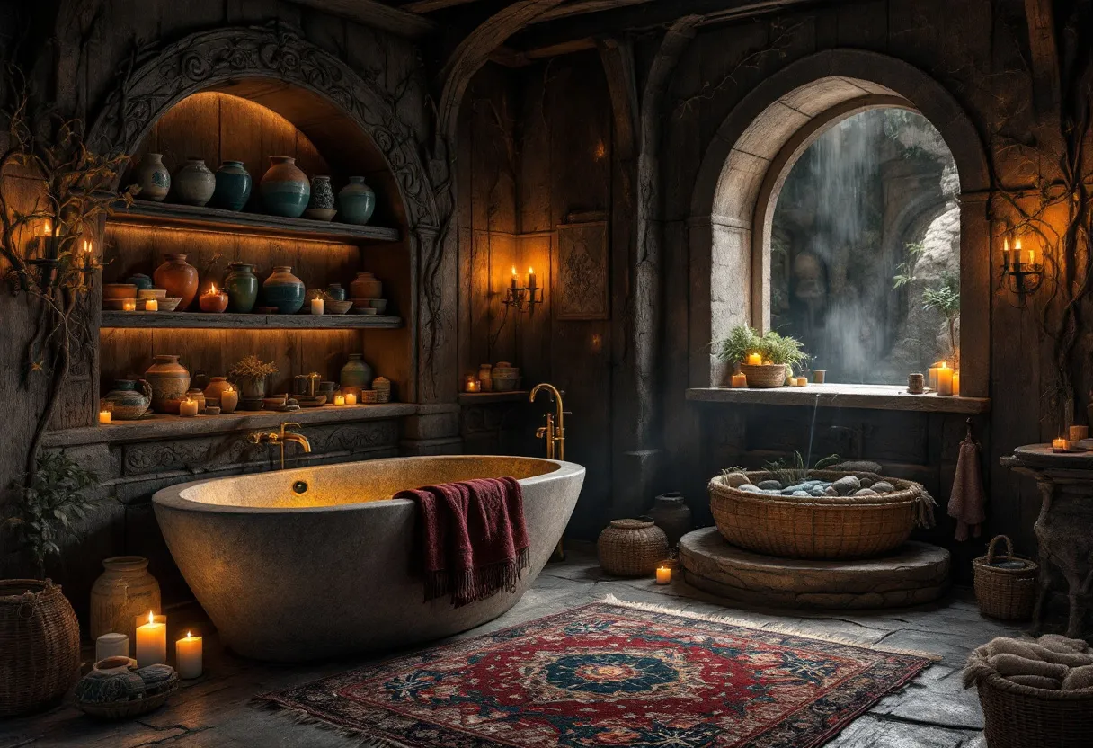 This medieval bathroom exudes a warm and inviting atmosphere, with its stone walls and wooden beams creating a sense of rustic elegance. A luxurious stone bathtub occupies a central position, surrounded by an array of candles that provide soft, ambient lighting. The presence of intricate carvings on the shelves suggests an attention to detail, reflecting the artistic craftsmanship of the era. A richly colored tapestry rug adds a touch of comfort and sophistication to the stone floor, inviting relaxation and tranquility.

The window, framed by a stone arch, opens to a view of cascading water, blurring the boundary between indoor and outdoor spaces and filling the room with a gentle, natural ambiance. Wicker baskets and potted plants enhance the earthy feel, complementing the clay pots and jars adorning the shelves. Each element in the room is thoughtfully arranged to create a harmonious environment, blending functionality with medieval charm.