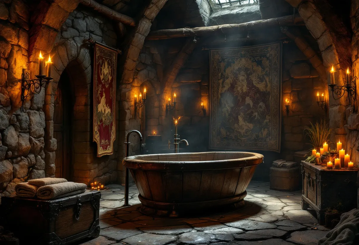 This medieval bathroom exudes a warm and inviting atmosphere, characterized by its rustic stone walls and wooden beams. At the center, a large wooden tub becomes the focal point, offering a sense of luxury and relaxation. The light from numerous candles casts a soothing glow throughout the room, enhancing the earthy tones and textures. Richly colored tapestries hang elegantly on the walls, adding an element of opulence and depicting intricate patterns that evoke the artistic traditions of the time.

The room's ambiance is enriched by the strategic placement of candelabras and sconces, which provide both warmth and illumination. A sturdy chest sits nearby, draped with soft towels, hinting at the functional aspects of the space. The natural light streaming in from the overhead window complements the flickering firelight, creating a harmonious blend of lighting that highlights the medieval charm. Overall, this bathroom combines functionality with aesthetic appeal, providing a tranquil and historically immersive experience.