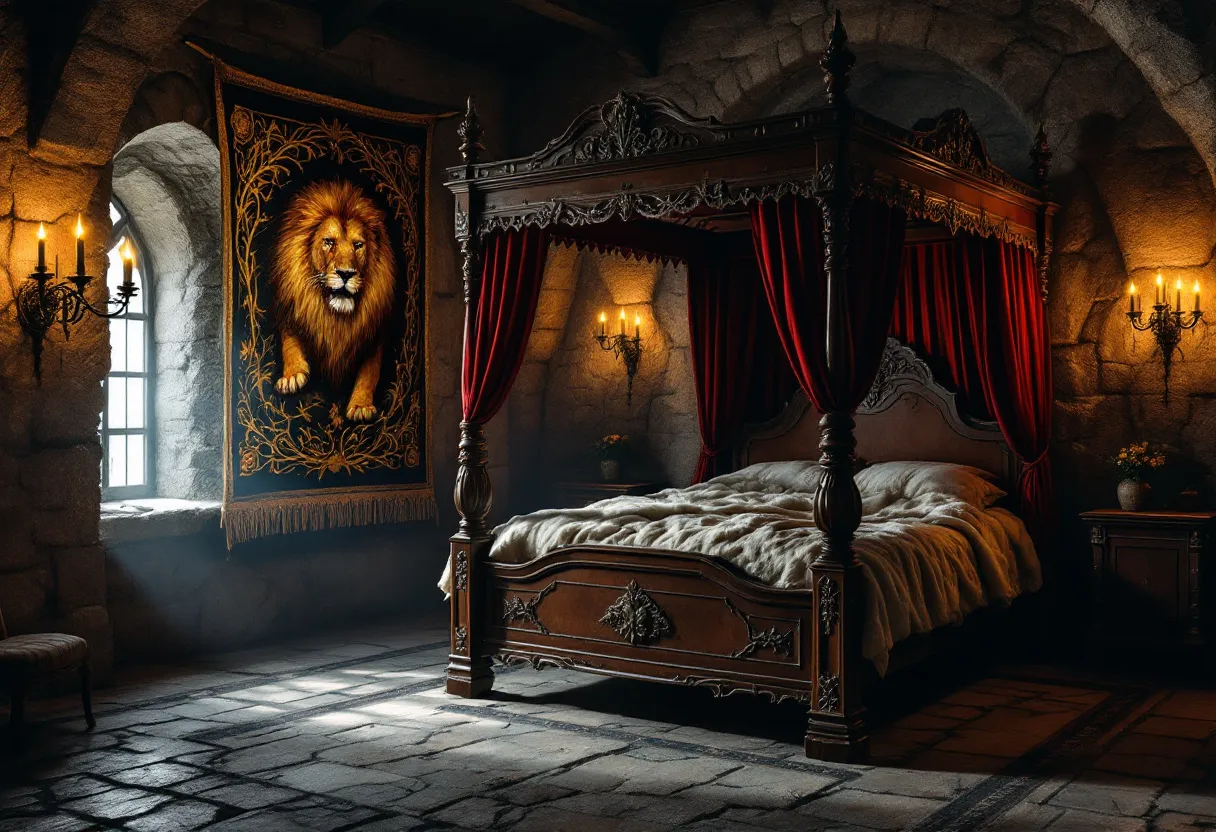 This medieval bedroom exudes an aura of grandeur and sophistication, characterized by its imposing four-poster bed draped with rich red curtains. The dark wood of the bed frame is intricately carved, featuring elegant designs and sturdy posts that add to the overall sense of regal opulence. The plush bedding looks inviting and warm, contrasting beautifully with the stone walls that create an ambiance of historical authenticity. Candle sconces mounted on the walls cast a soft, flickering glow, enhancing the room's intimate and timeless atmosphere.

The room’s decor is further enriched by an impressive tapestry hanging on one wall, depicting a majestic lion that symbolizes strength and nobility. This artwork adds a personal touch and focal point to the space, suggesting a theme of power and leadership. Natural light filters through a small, arched window, partially illuminating the stone floor and subtly highlighting the texture of the aged stones. The combination of these elements creates a luxurious yet comfortable sanctum, typical of affluent medieval quarters.