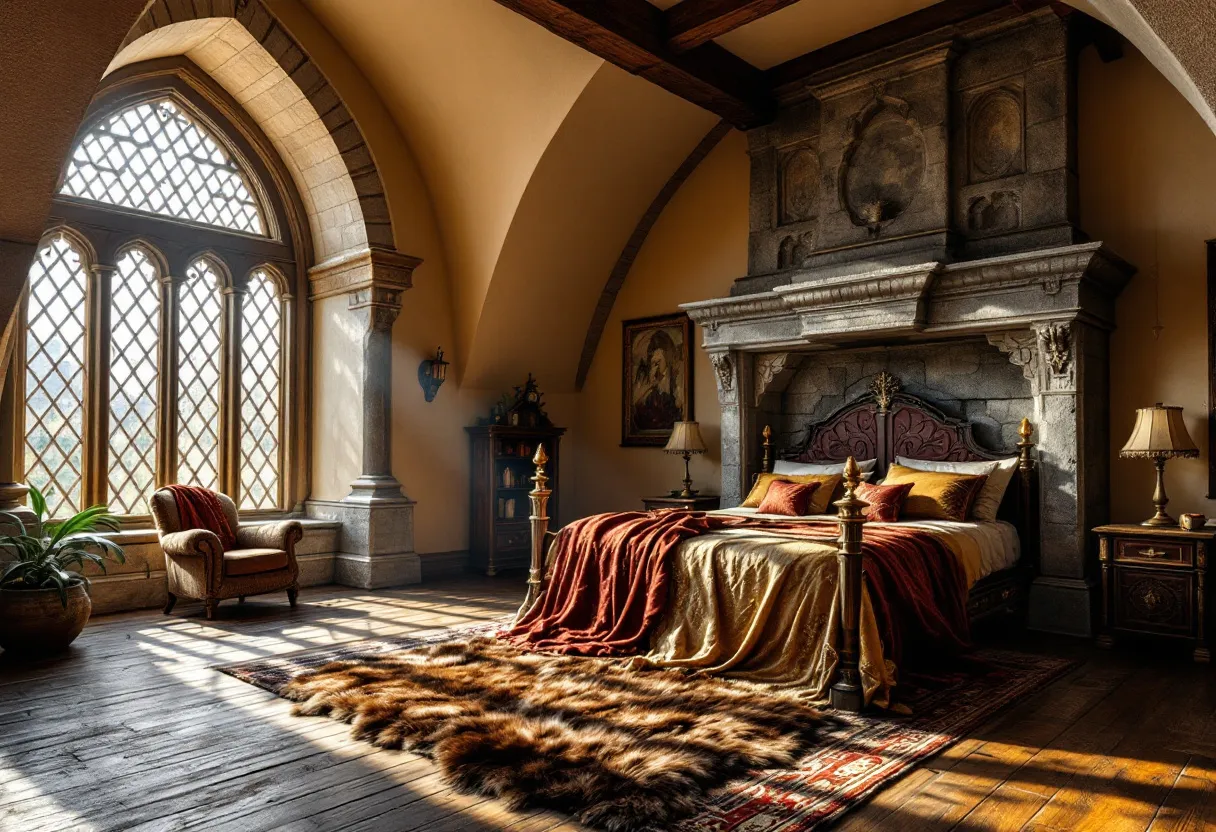 This medieval bedroom exudes a sense of grandeur and historical charm, with its high-vaulted ceilings and intricately crafted stone fireplace that serves as a commanding focal point. The room is adorned with rich wood paneling that enhances its warm, inviting atmosphere. A grand bed, draped in luxurious golden and burgundy linens, dominates the space, with carved wooden posts adding to its regal appearance. The room's floor is a beautiful dark wood, partly covered by an ornate patterned rug that adds texture and color.

Natural light streams in through a large, arched window with diamond-patterned glass, casting gentle patterns on the floor and illuminating a plush armchair positioned nearby. The decor is completed with handsome wooden furniture, including a bedside table topped with elegant lamps that complement the room's classic style. A well-placed potted plant and a framed portrait contribute to the room's serene yet opulent ambiance, perfectly capturing the essence of medieval luxury and comfort.