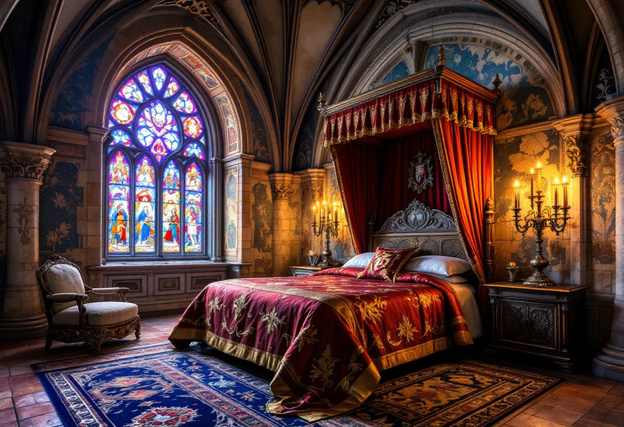 This medieval bedroom exudes an air of opulence and historical grandeur, with its richly adorned bed as the centerpiece. A grand canopy, draped with luxurious red and gold fabric, frames the intricately carved headboard adorned with heraldic motifs. The bedding echoes this regal palette, featuring ornate patterns that emphasize wealth and status. Flanking the bed are two tall candelabras casting a warm, golden glow that enhances the room's sumptuous atmosphere. The overall decor suggests a space belonging to someone of high nobility.

The room is further enriched by the architecture and decorative elements, such as the stunning stained glass window, which allows colorful light to dance across the stone walls. These walls are covered with detailed murals or tapestries, adding layers of texture and storytelling to the space. A plush armchair sits nearby, offering a cozy spot that compliments the rich dark tones of the wooden furniture and flooring. The combination of gothic arches in the ceiling and the intricate stonework around the window showcase the architectural elegance typical of medieval design.