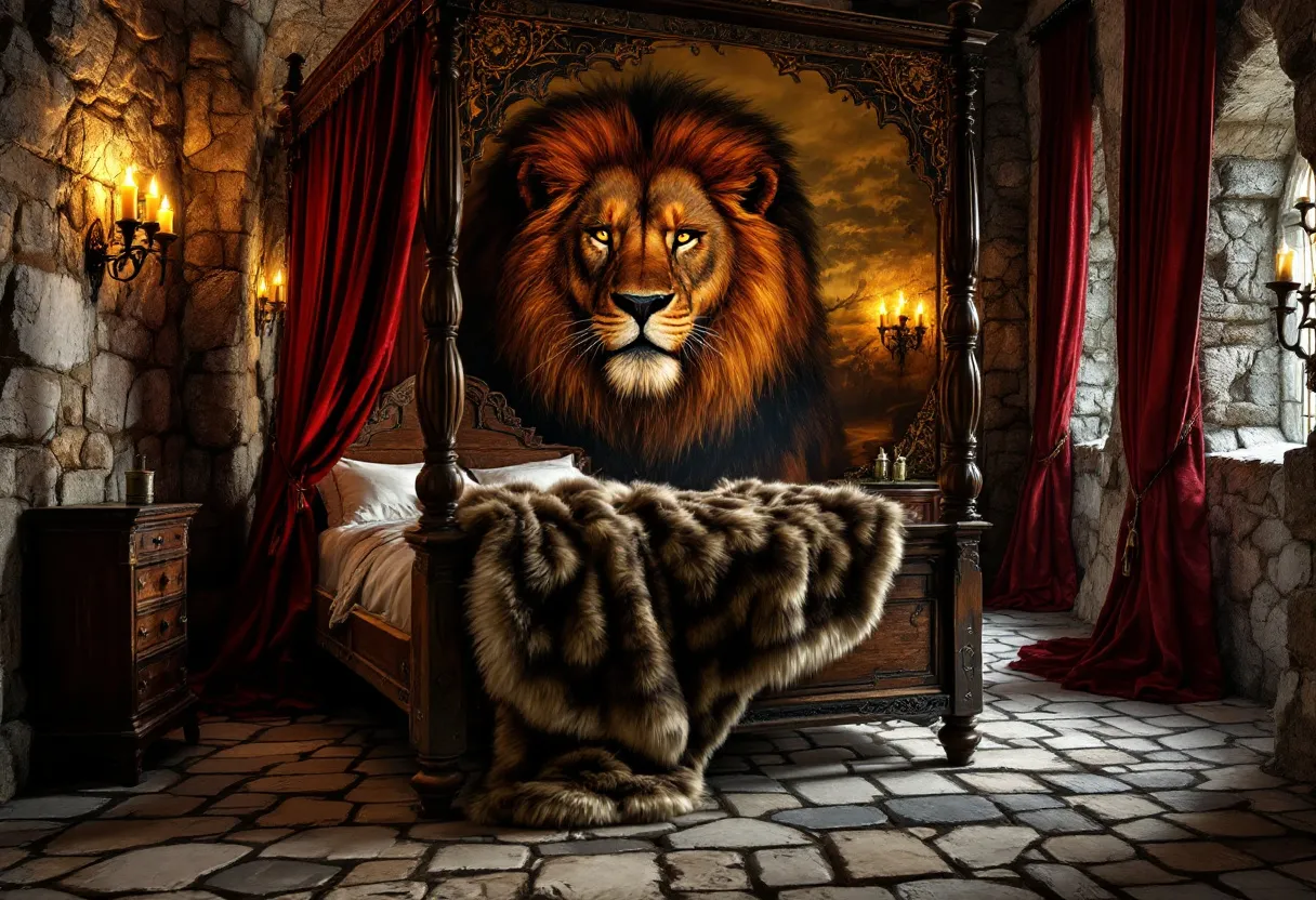 This medieval bedroom exudes a sense of grandeur and regality, centered around a large, ornately carved four-poster bed. The bed is draped with rich, luxurious fur that adds warmth and opulence to the room. Positioned above the headboard is an impressive mural of a majestic lion, lending an aura of strength and nobility to the space. The rock walls, characteristic of medieval architecture, enhance the room's authentic ambiance while providing a textured backdrop.

The room is softly illuminated by wall-mounted candle sconces, which cast a warm, flickering glow across the stone surfaces. Deep red curtains cascade dramatically from tall windows, adding a touch of color and elegance that complements the overall medieval theme. A sturdy wooden chest of drawers stands beside the bed, showcasing practical craftsmanship and completing the room's cohesive aesthetic.