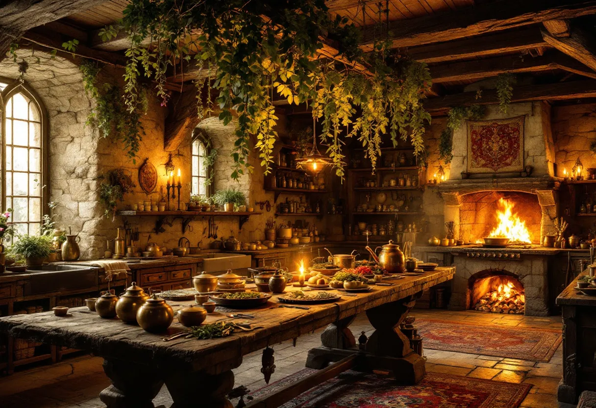 This medieval kitchen exudes warmth and rustic charm, characterized by its robust stone walls and wooden beams. A large hearth dominates the space, its crackling fire casting a golden glow across the room. The hearth is not only the focal point for cooking but also serves as a heat source, contributing to the cozy ambiance. Above, dried herbs hang from the ceiling beams, infusing the air with an earthy aroma while adding a touch of greenery to the stone and timber surroundings.

The central wooden table is laden with an assortment of foods and brass pots, indicative of a feast in preparation. This sturdy table, with its well-worn surface, serves as the heart of the kitchen where all culinary activities converge. Shelves lined with various jars and utensils suggest a well-stocked pantry, showcasing the practicality and resourcefulness typical of medieval kitchens. The natural light streaming through the arched windows highlights the texture of the stone and wood, enhancing the inviting and homely atmosphere.