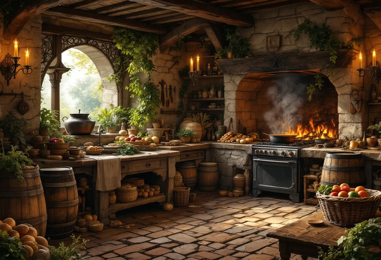 This medieval kitchen exudes a warm and rustic charm, characterized by its stone walls and wooden beams overhead. The large fireplace is the focal point, with flames dancing and smoke curling upwards, evidence of old-world culinary activities. Pots and pans hang within easy reach, while herbs and plants spill over from shelves and window sills, suggesting a kitchen in tune with nature. The stone floor, worn yet sturdy, reflects the likelihood of a bustling environment where meals are prepared with care and tradition.

Ample natural light filters through an arched window, highlighting the bounty that fills the room. Fresh produce is artfully arranged on wooden tables and barrels, displaying a colorful array of ingredients ready for the cook's hand. Bread loaves are stacked neatly, while various earthenware pots and baskets add to the homely and functional ambiance. Candle sconces adorn the walls, providing additional light and enhancing the cozy, inviting feel. This kitchen paints a picture of a hub of activity, steeped in history and vibrant with the promise of hearty meals.