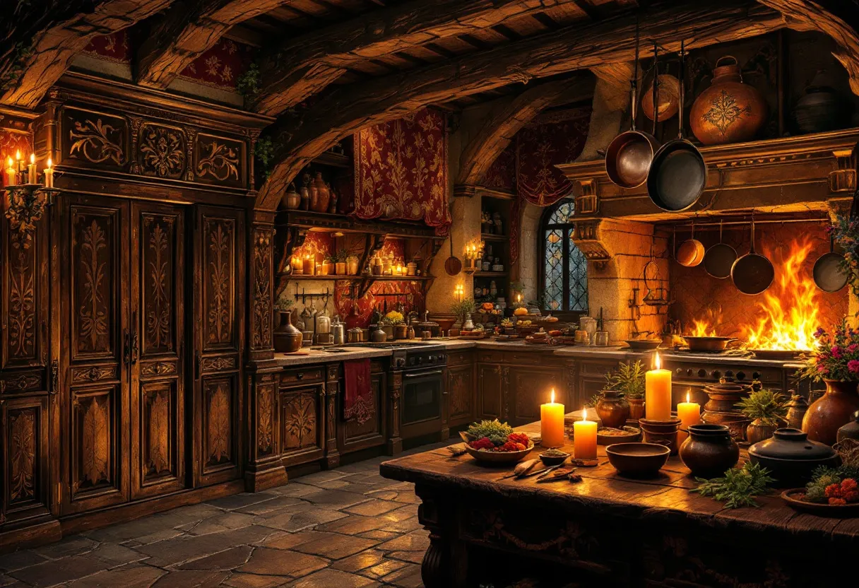 This medieval kitchen exudes a warm, inviting atmosphere with its rich wooden cabinetry and sturdy stone fireplace. The room is softly illuminated by an array of candles, casting a flickering glow across the rustic countertops and oak beams. Pots and pans hang from hooks on the walls, ready for use in the preparation of hearty meals. The large hearth dominates one side of the room, where a roaring fire crackles, providing both heat and a place for cooking multiple dishes simultaneously. 

The kitchen's decor includes ornate carvings on the wooden furniture, adding a touch of elegance to the otherwise utilitarian space. Herbs and ingredients are carefully arranged on the central table, surrounded by simple yet robust pottery and utensils. The walls are adorned with rich, tapestry-like fabrics that bring warmth and color to the room, complementing the autumnal hues of the stone floor. This setting offers a glimpse into the bustling life of a medieval household, where cooking was both a necessity and an art form.