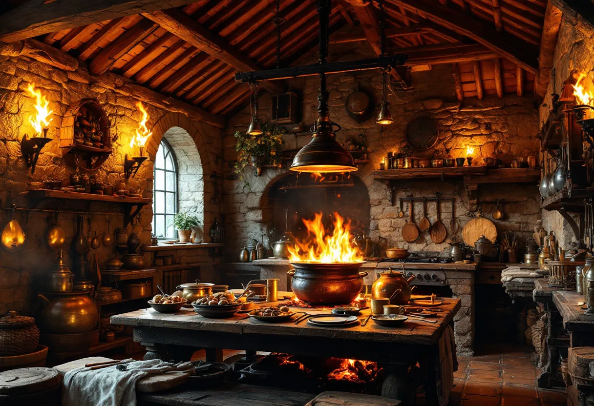 This medieval kitchen evokes a warm and bustling atmosphere, typical of a historic cooking space. The stone walls and wooden beam ceiling give it an authentic rustic charm. Illuminated by the glow of a central fire and torches on the walls, the room is filled with a cozy, golden light that dances across the various cooking utensils and pots placed throughout the space. An open flame roars beneath a large pot in the heart of the room, indicating the kitchen is in full use, perhaps preparing a hearty meal.

The sturdy wooden table in the center is laden with various dishes and ingredients, suggesting a feast in progress. Copper and brass pots line the shelves and hang from hooks, showcasing the kitchen’s functional yet decorative style. A large archway reveals a brick oven, while shelves hold an array of tools and vessels ready for use. The combination of natural materials and practical design elements creates a genuine medieval ambiance, making this kitchen a lively and essential part of the home.