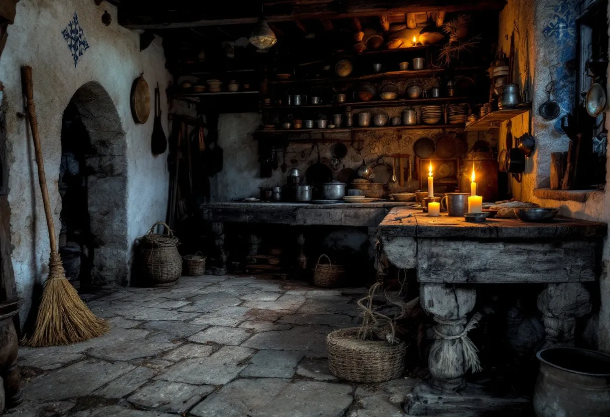 This medieval kitchen exudes a rustic charm, with its robust stone flooring and thick, textured walls. The arched stone doorway adds a classic architectural element that hints at the age and durability of the space. Wooden beams crisscross the ceiling, supporting shelves laden with a variety of earthenware and metal vessels. The dim lighting, provided by candles casting a warm, flickering glow, creates an intimate and cozy atmosphere typical of the pre-electricity era.

A sturdy wooden table occupies the center, its surface showing signs of long-term use with scratches and marks that add character. Baskets and utensils hang from hooks, displaying a functional and organized approach to storage. The presence of brooms and woven baskets further complements the practicality and simplicity that was essential in medieval times. The overall ambiance is one of warmth and timelessness, evoking the essence of a hardworking kitchen that was central to daily life.