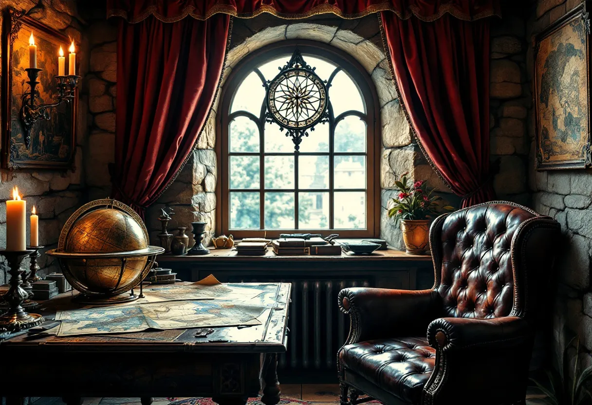 This medieval office exudes an atmosphere of intellectual pursuit and exploration, with its richly decorated stone walls and grand arched window that allows natural light to illuminate the room. The window is adorned with ornate red drapes that add a sense of opulence to the setting. The focal point of the room is a large, dark wooden desk, upon which sits an impressive, old-world globe. The globe suggests a space dedicated to geography and exploration, hinting at an occupant with interests in travel and discovery. Adjacent to the globe, a collection of papers and maps is spread out, indicating ongoing projects or studies.

The luxurious leather armchair positioned near the desk suggests comfort and status, inviting its occupant to sit and contemplate. Elsewhere, candles mounted on the walls provide additional illumination, casting a warm glow that enhances the room's medieval ambiance. Decorative elements, including framed wall maps and an array of books and artifacts on the window sill, convey a scholarly environment. The inclusion of a potted plant adds a touch of nature, balancing the room's studious aesthetic. Overall, this medieval office serves as a haven for learning, reflection, and intellectual endeavors.