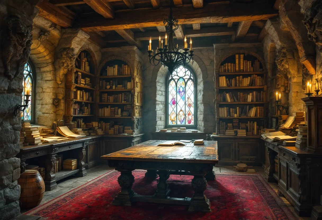 This medieval office exudes an atmosphere of scholarly pursuit and historical richness. The room is anchored by a sturdy wooden table with intricate carvings, suggesting a space for serious study or administrative work. Above, a grand chandelier with wrought iron detailing provides an ambient glow, enhancing the room's regal and solemn mood. A prominent red carpet covers the stone floor, offering warmth and a touch of elegance to the otherwise austere environment.

Along the stone walls, expansive bookshelves are filled with an impressive collection of books and manuscripts, hinting at the owner's intellectual pursuits. A stunning stained glass window serves as a focal point, casting colorful light across the room and adding a spiritual or contemplative dimension. The window's intricate design complements the rugged beauty of the exposed stone and wooden beams, creating a harmonious blend of functionality and artistry. Warm candlelight flickers gently, contributing to an inviting yet contemplative atmosphere.