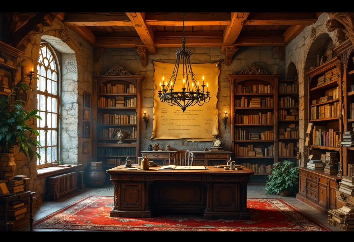 This medieval office exudes an air of scholarly elegance and tradition. The stone walls are lined with rich wooden bookshelves, filled with a variety of ancient tomes and manuscripts, suggesting an environment of intellectual pursuit and study. A large, ornate wooden desk stands at the forefront, signifying a space of authority and contemplation. The desk is meticulously organized, with open books, inkwells, and writing tools laid out, evoking a sense of ongoing work and devotion to learning. Above the desk hangs a grand chandelier, emitting a warm glow that complements the natural light streaming through the large arched window, creating a serene and focused atmosphere.

The decor is accented by a tapestry or scroll hanging on the stone wall behind the desk, adding to the room's medieval charm and historical depth. To the side, stone arches and wooden beams enhance the architectural style, while the plush red rug on the floor brings warmth and color to the space. This combination of elements creates a timeless and inspiring office environment, reflecting a dedication to knowledge and the grandeur of medieval scholarship.